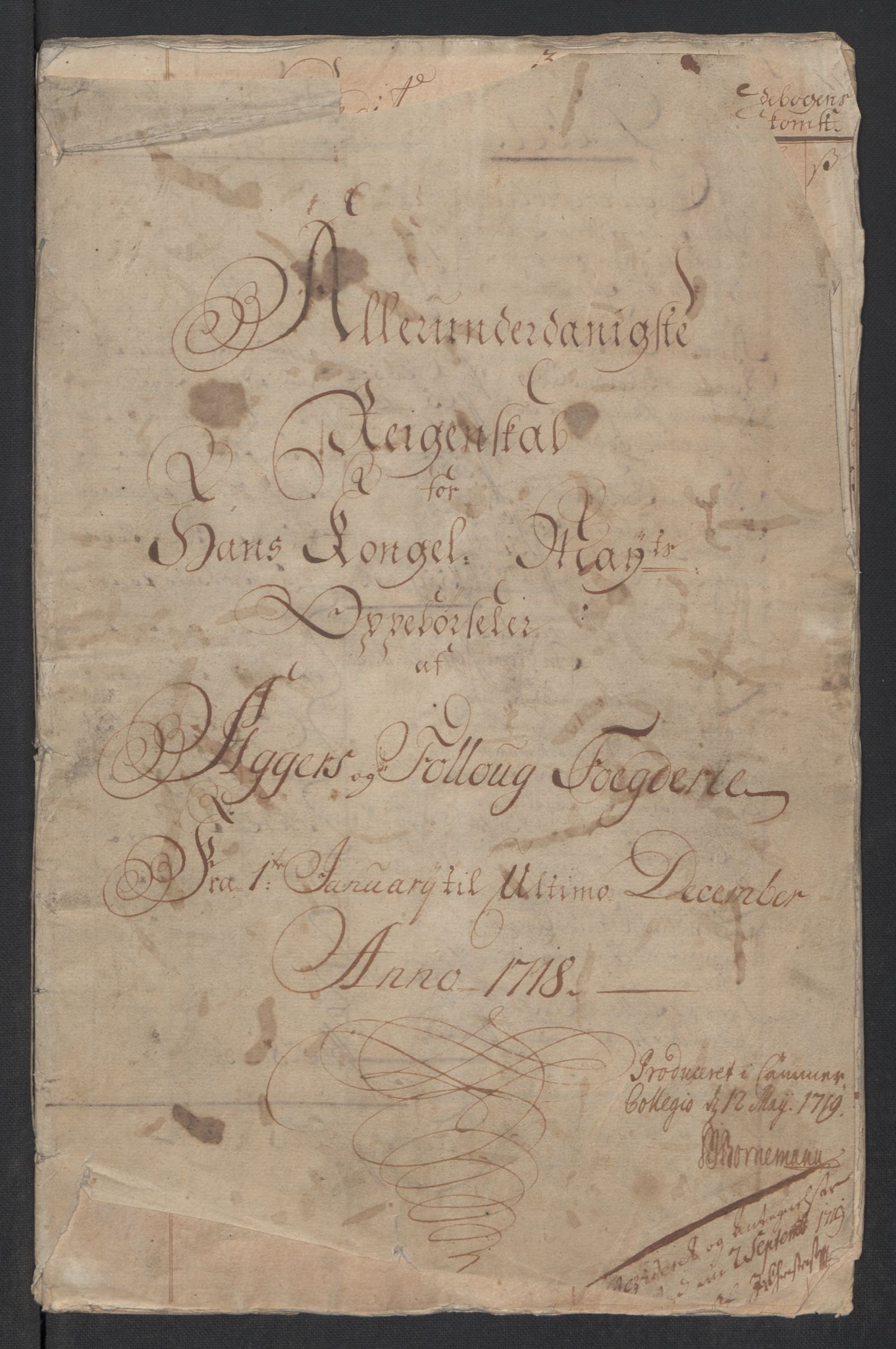 Rentekammeret inntil 1814, Reviderte regnskaper, Fogderegnskap, AV/RA-EA-4092/R10/L0456: Fogderegnskap Aker og Follo, 1718, p. 3