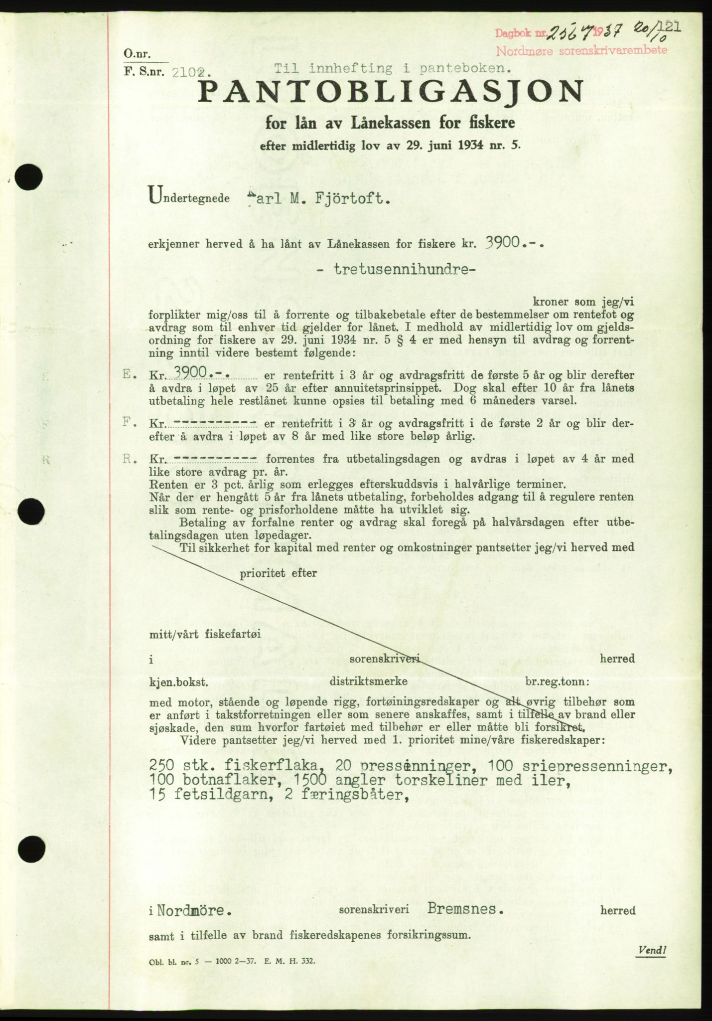 Nordmøre sorenskriveri, AV/SAT-A-4132/1/2/2Ca/L0092: Mortgage book no. B82, 1937-1938, Diary no: : 2567/1937