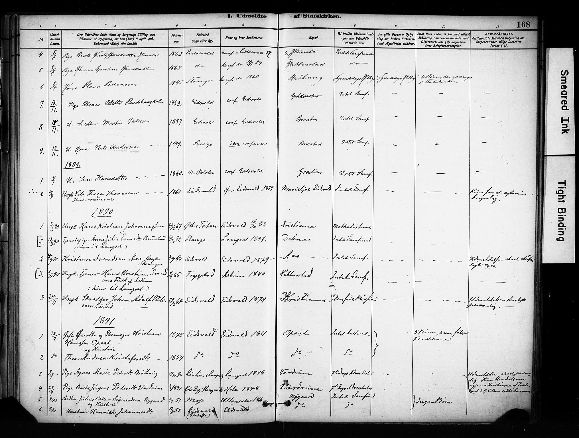 Eidsvoll prestekontor Kirkebøker, SAO/A-10888/F/Fa/L0003: Parish register (official) no. I 3, 1882-1895, p. 168