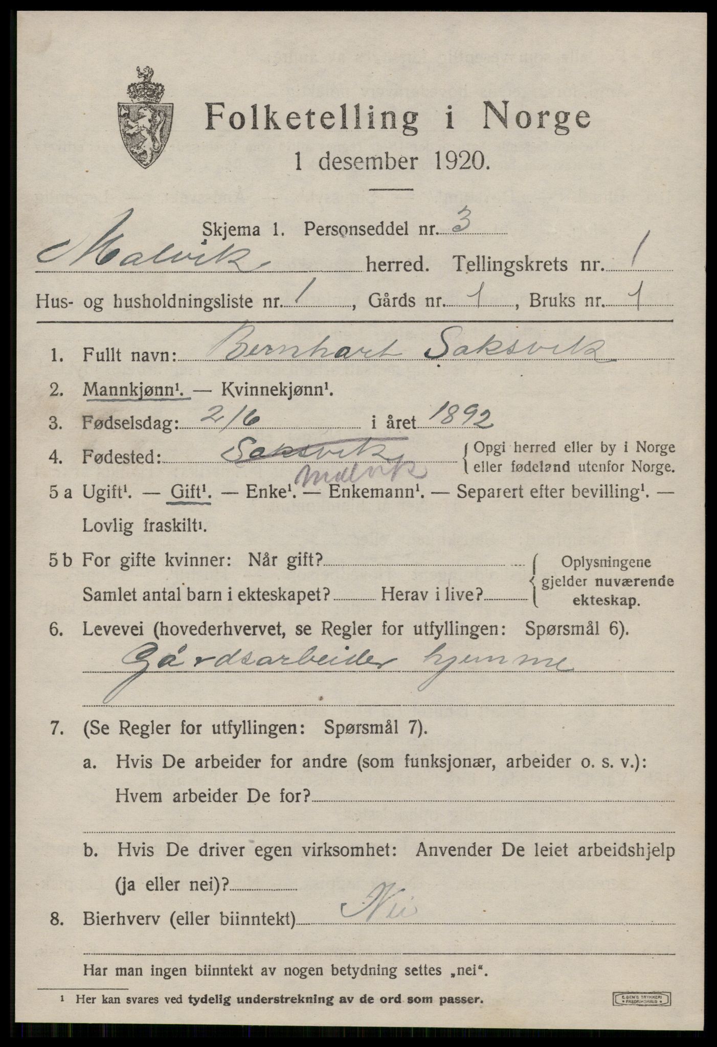 SAT, 1920 census for Malvik, 1920, p. 1194