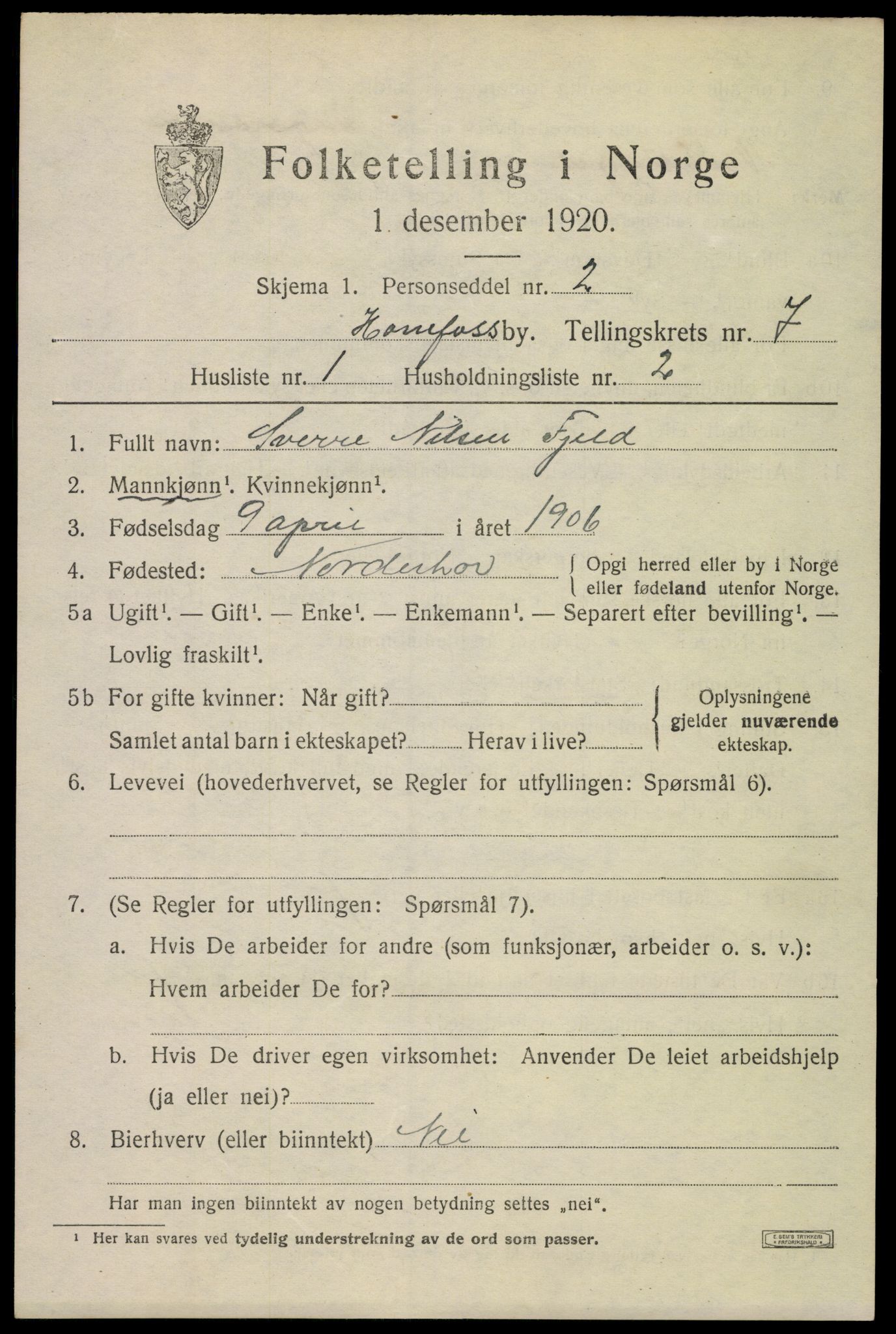 SAKO, 1920 census for Hønefoss, 1920, p. 7856