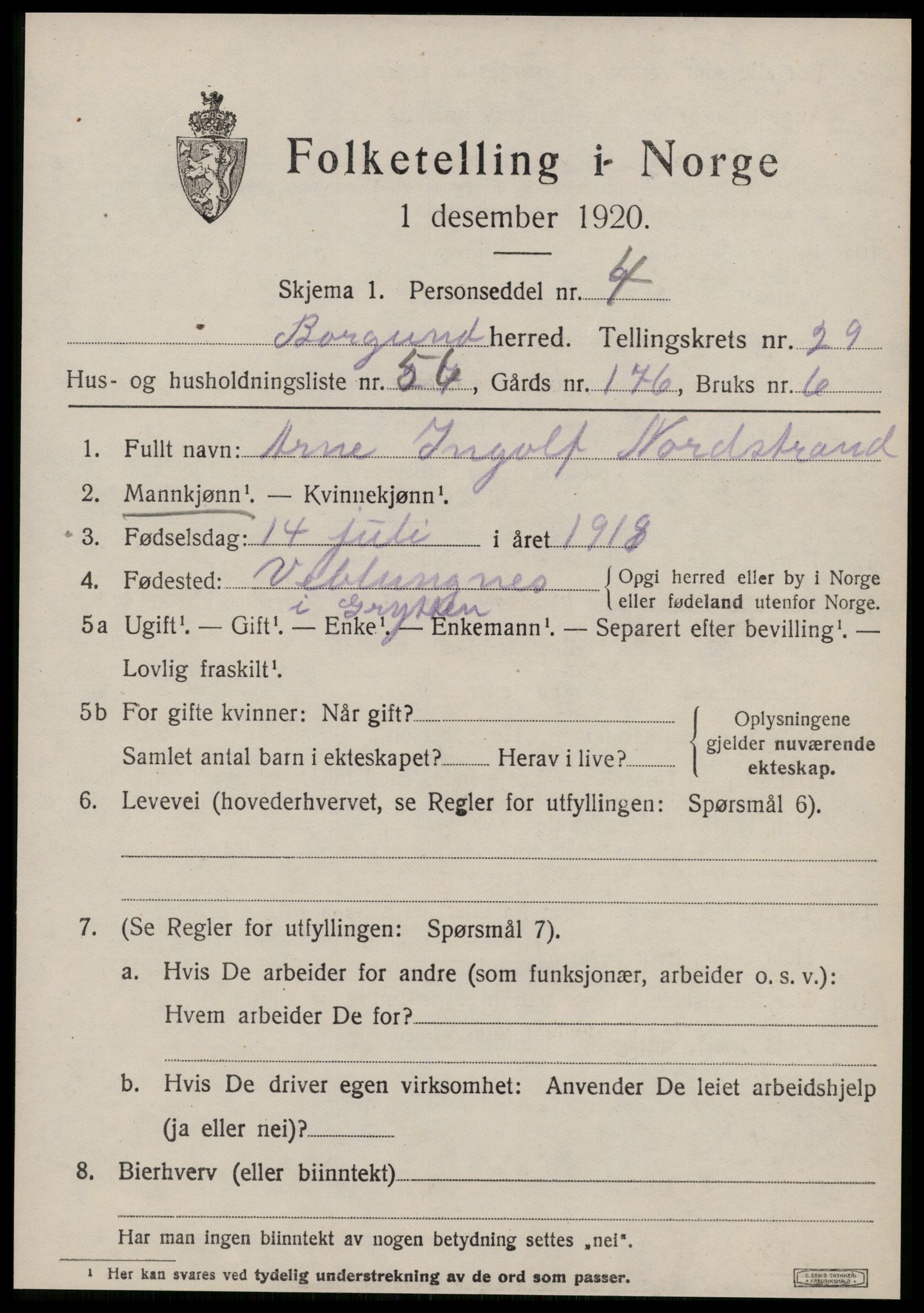 SAT, 1920 census for Borgund, 1920, p. 19326