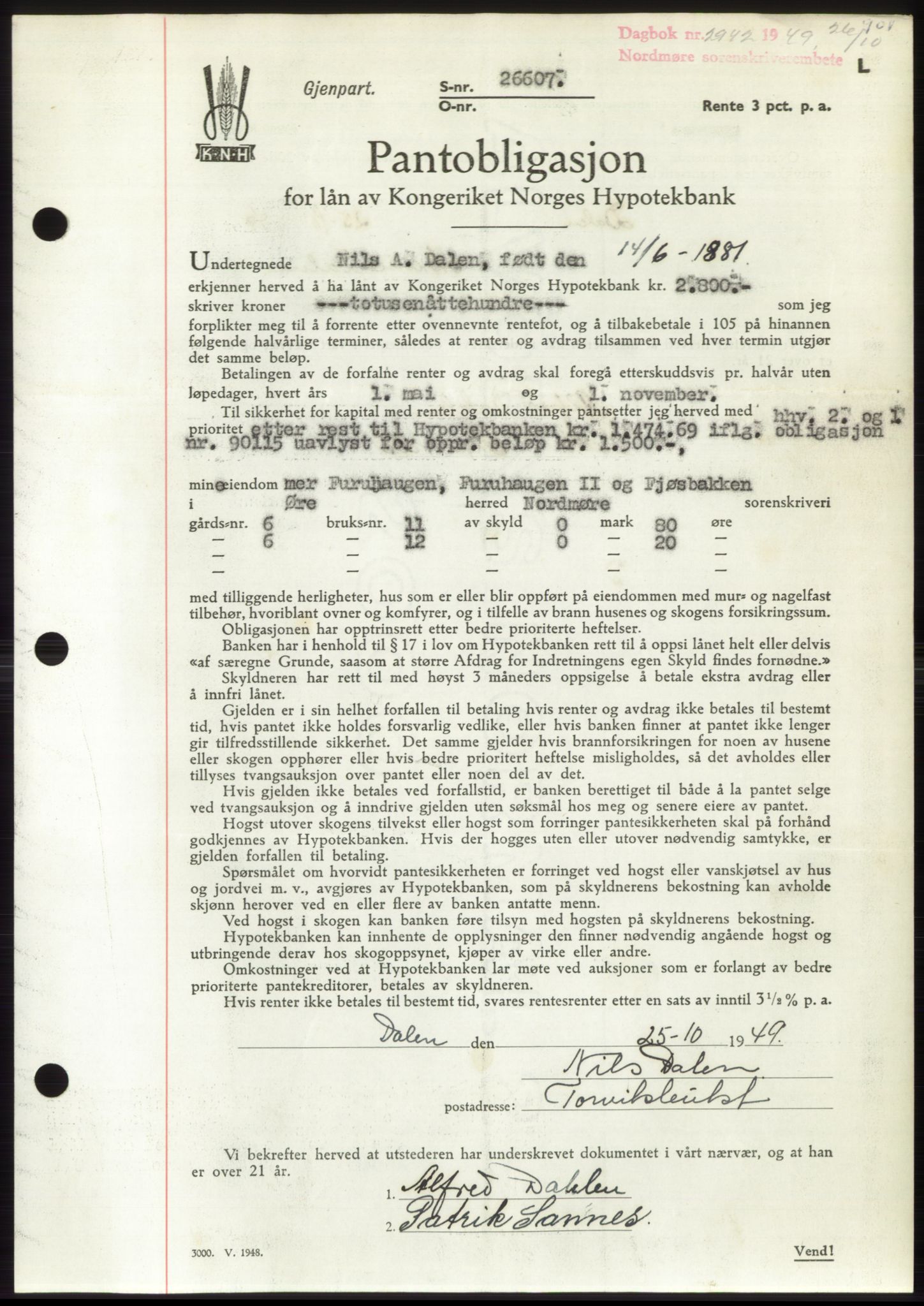 Nordmøre sorenskriveri, AV/SAT-A-4132/1/2/2Ca: Mortgage book no. B102, 1949-1949, Diary no: : 2942/1949