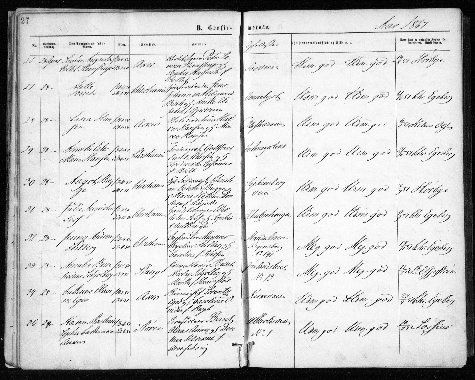 Gamle Aker prestekontor Kirkebøker, AV/SAO-A-10617a/F/L0003: Parish register (official) no. 3, 1865-1873, p. 27