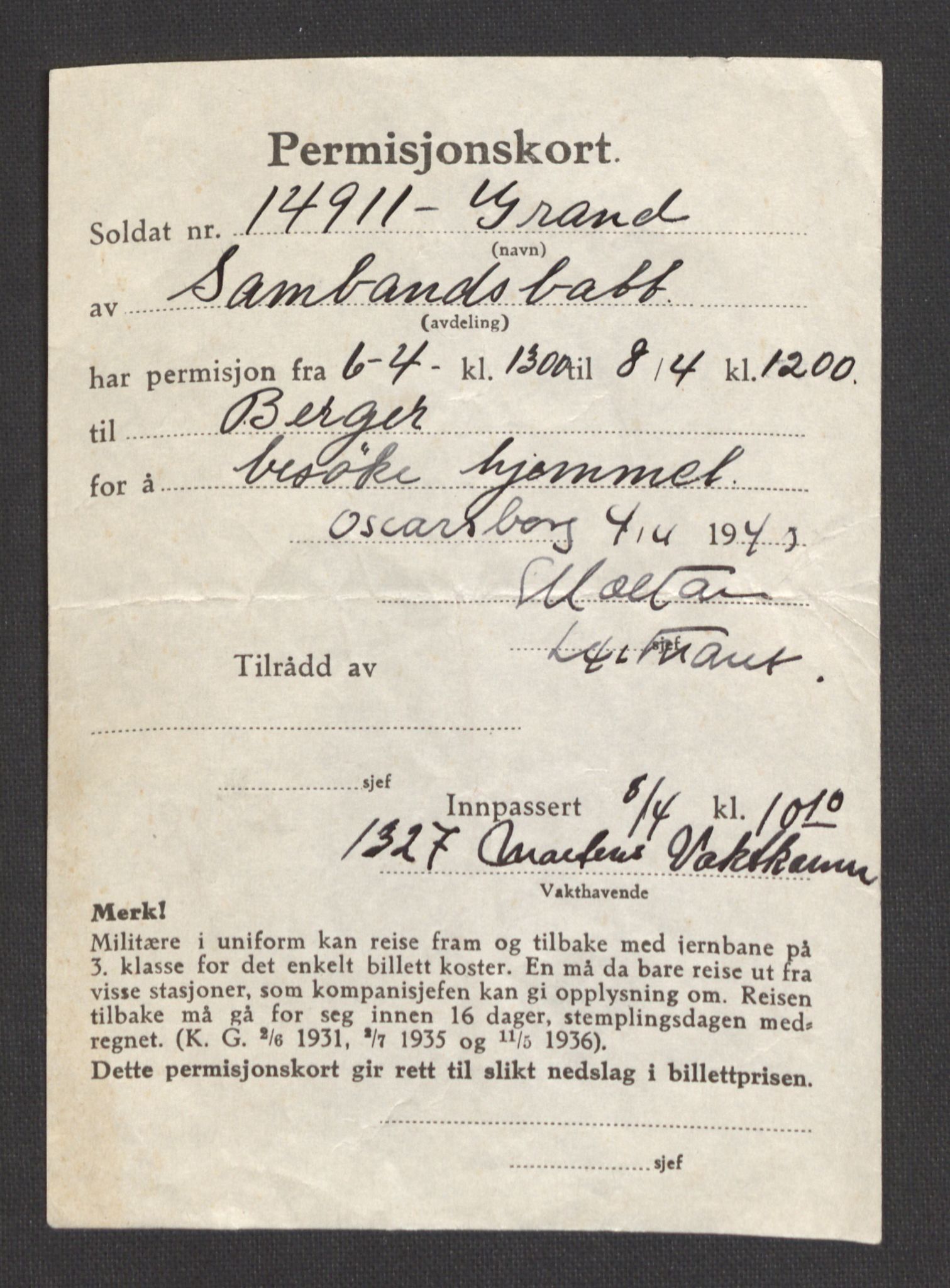 Forsvarsdepartementet, Oscarsborg festning, AV/RA-RAFA-4479/F/Fa/L0001: Vaktjournal (vedlagt 9 permisjonskort), 1940