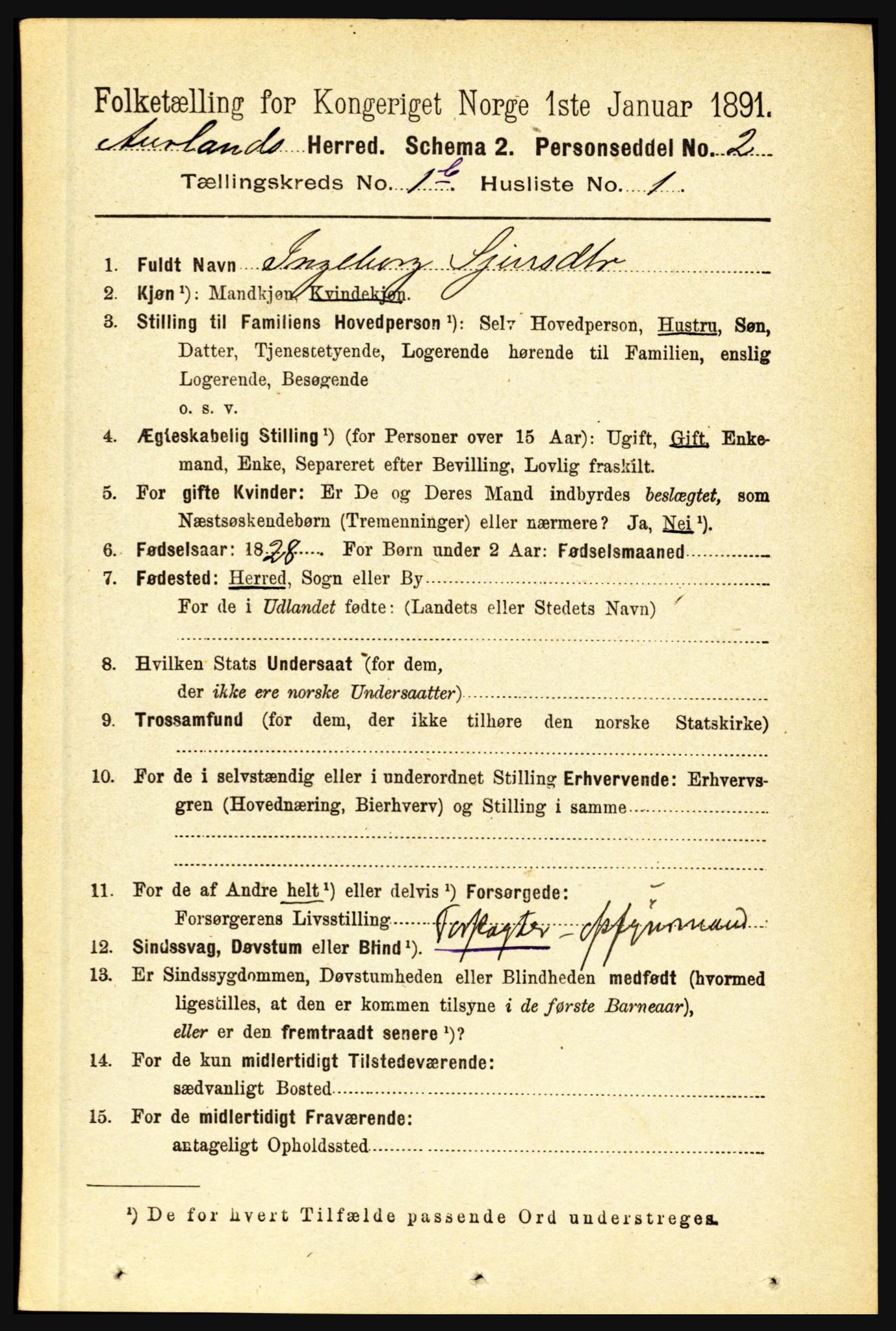 RA, 1891 census for 1421 Aurland, 1891, p. 155