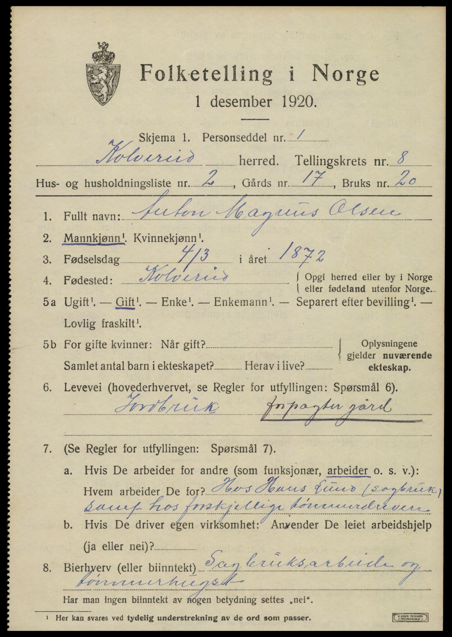 SAT, 1920 census for Kolvereid, 1920, p. 5095