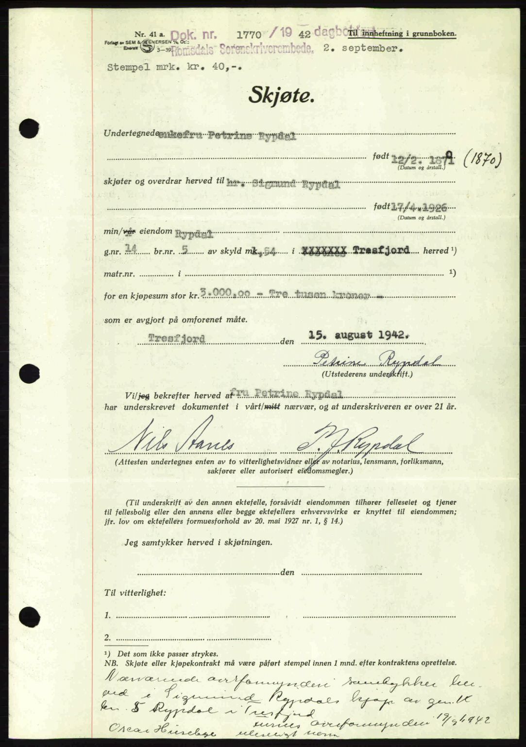 Romsdal sorenskriveri, AV/SAT-A-4149/1/2/2C: Mortgage book no. A12, 1942-1942, Diary no: : 1770/1942