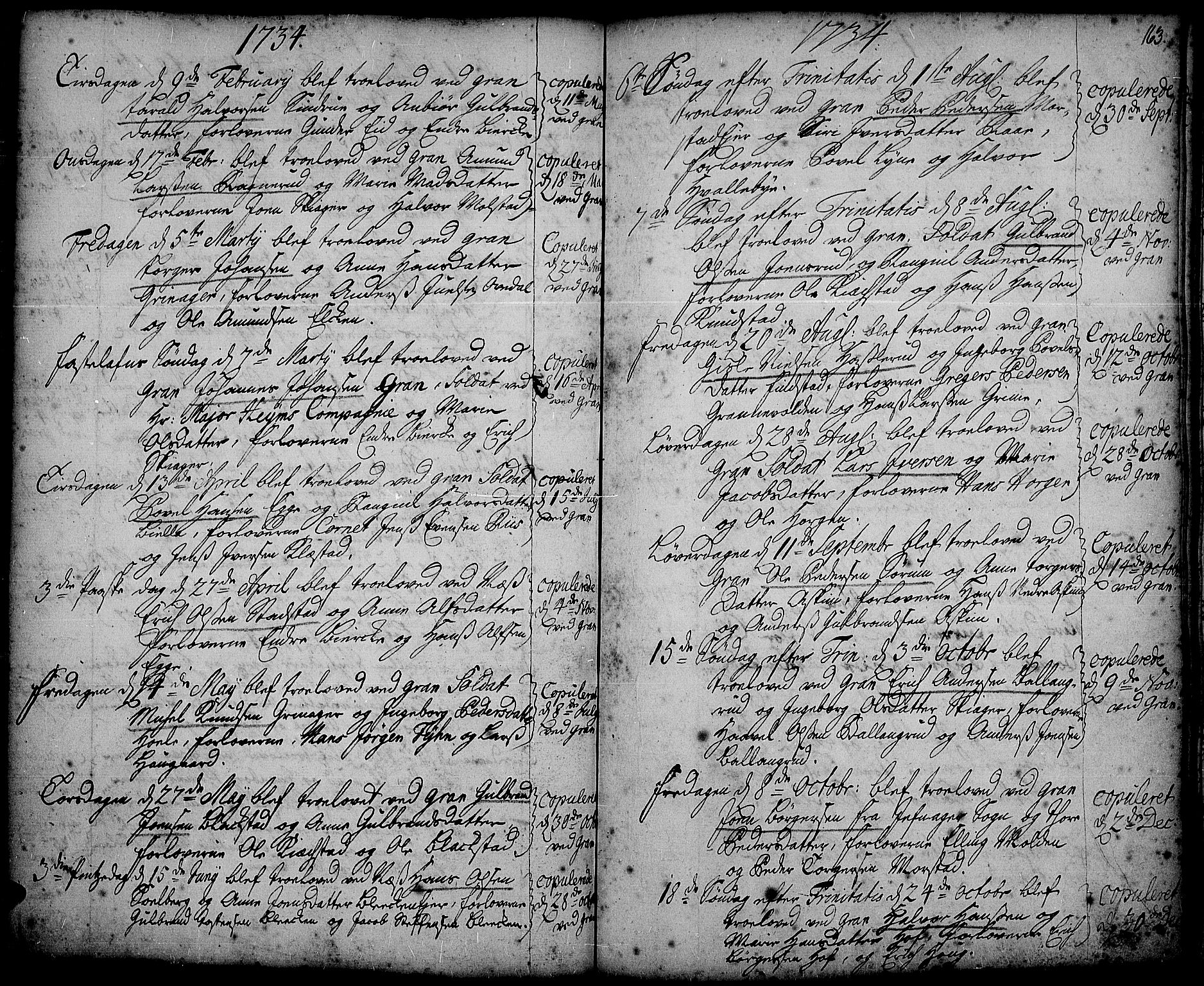 Gran prestekontor, SAH/PREST-112/H/Ha/Haa/L0002: Parish register (official) no. 2, 1732-1744, p. 163