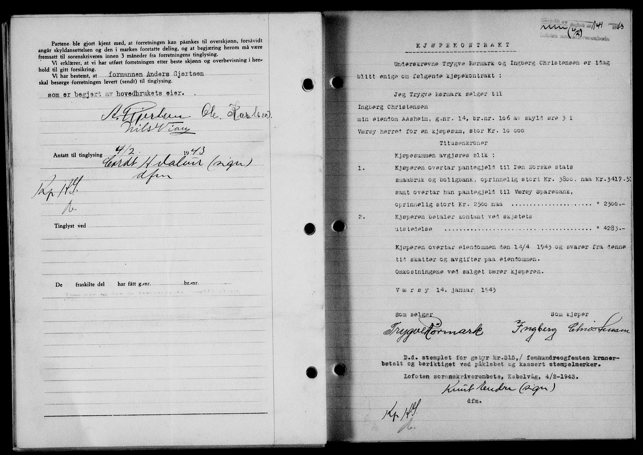 Lofoten sorenskriveri, SAT/A-0017/1/2/2C/L0010a: Mortgage book no. 10a, 1942-1943, Diary no: : 141/1943