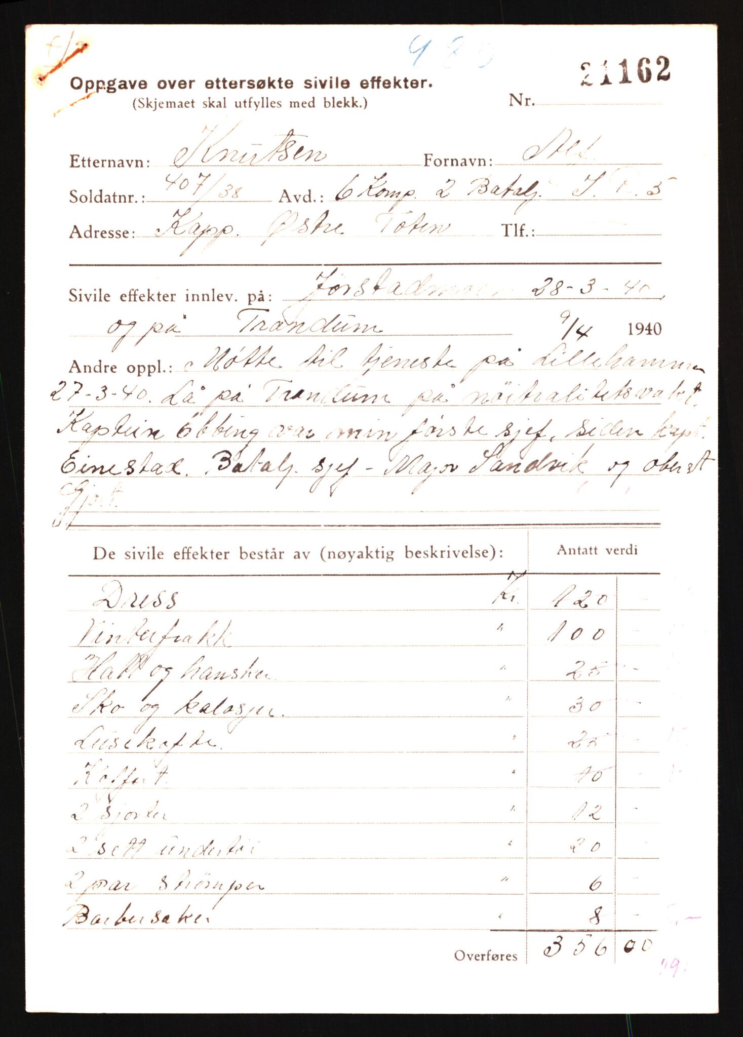 Justisdepartementet, Oppgjørsavdelingen, AV/RA-S-1056/G/Gb/L0045: Oppgaver over ettersøkte sivile effekter: Knutsen - Kristensen, I., 1940-1942, p. 3