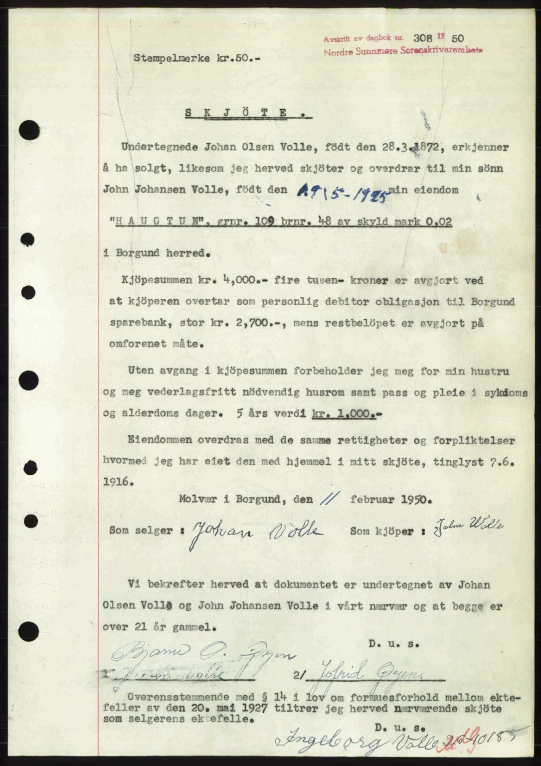 Nordre Sunnmøre sorenskriveri, AV/SAT-A-0006/1/2/2C/2Ca: Mortgage book no. A33, 1949-1950, Diary no: : 308/1950