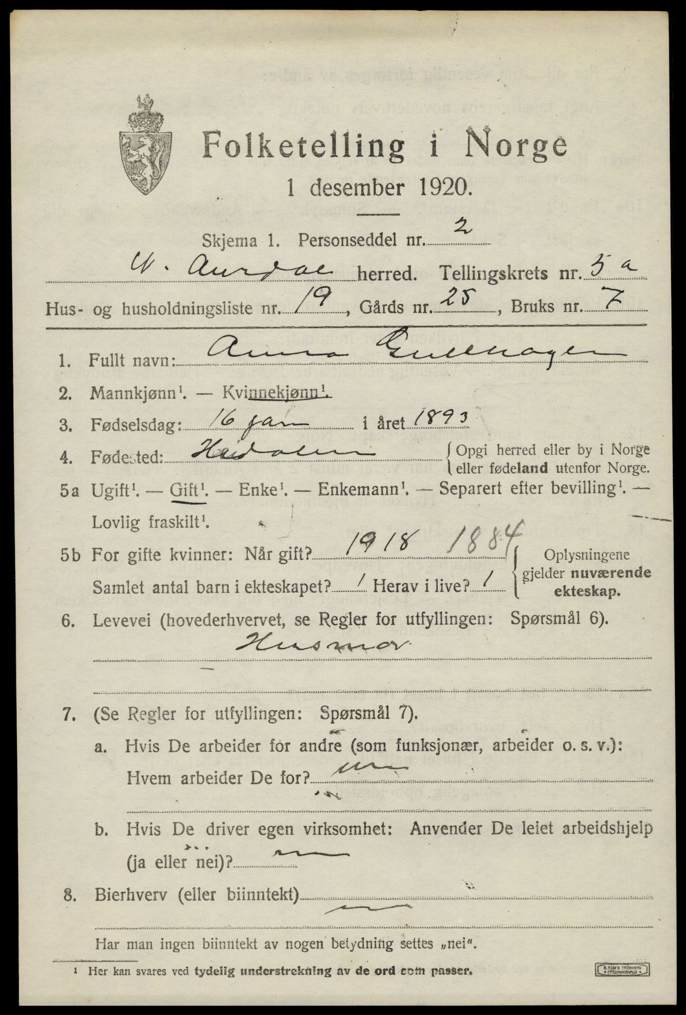 SAH, 1920 census for Nord-Aurdal, 1920, p. 4964