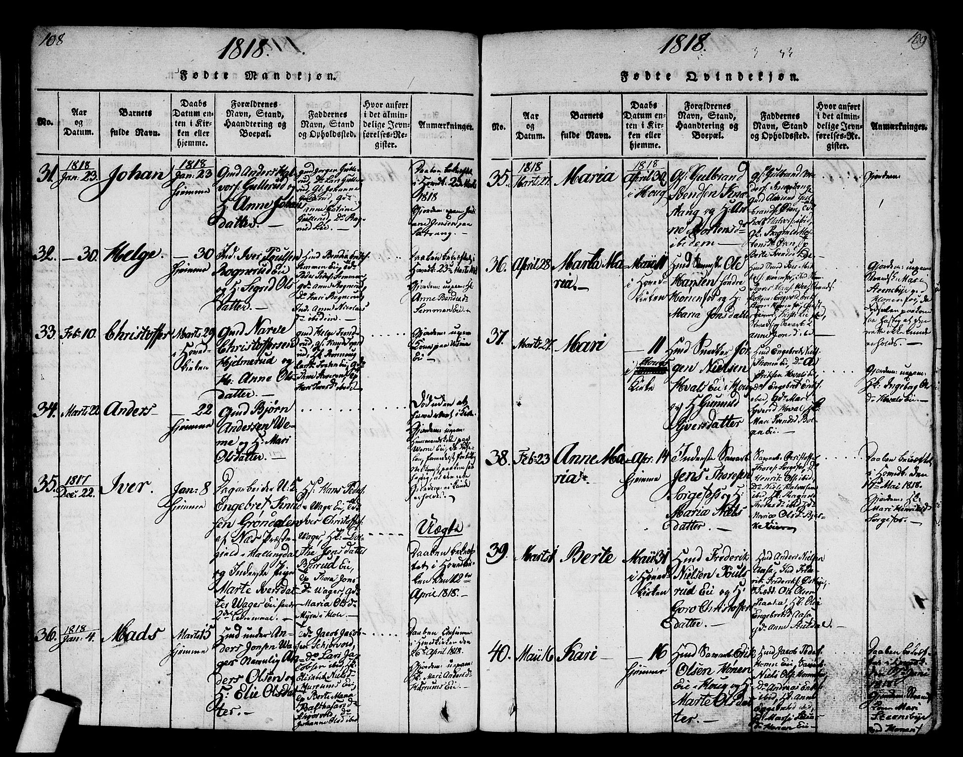 Norderhov kirkebøker, AV/SAKO-A-237/G/Ga/L0002: Parish register (copy) no. I 2, 1814-1867, p. 108-109