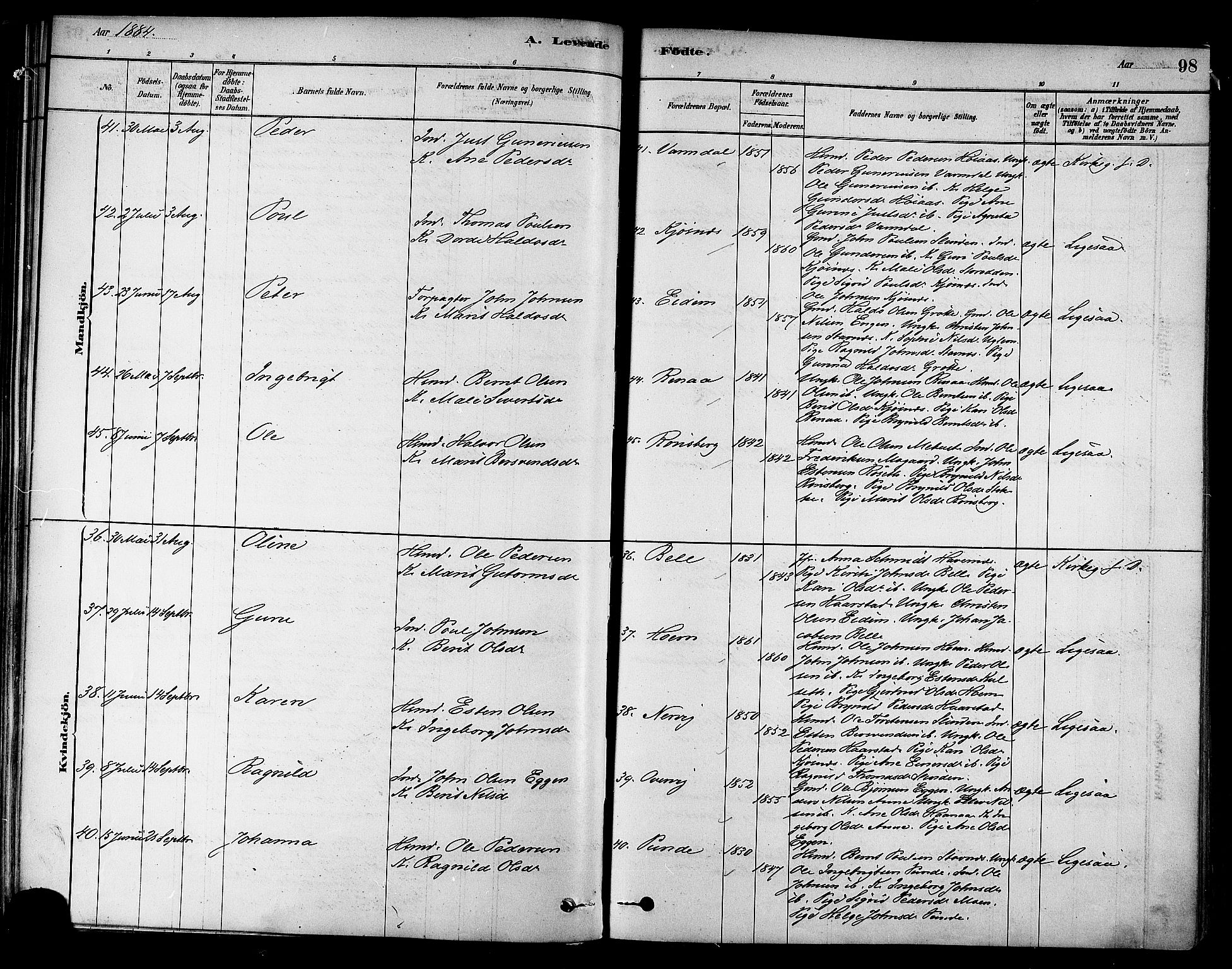 Ministerialprotokoller, klokkerbøker og fødselsregistre - Sør-Trøndelag, AV/SAT-A-1456/695/L1148: Parish register (official) no. 695A08, 1878-1891, p. 98