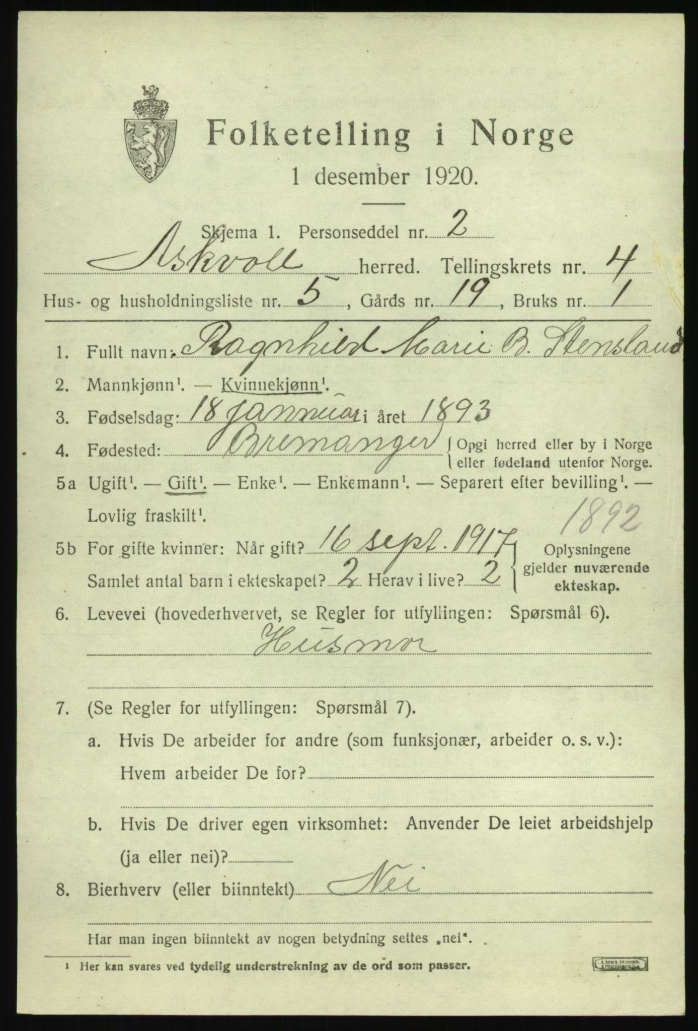 SAB, 1920 census for Askvoll, 1920, p. 2486