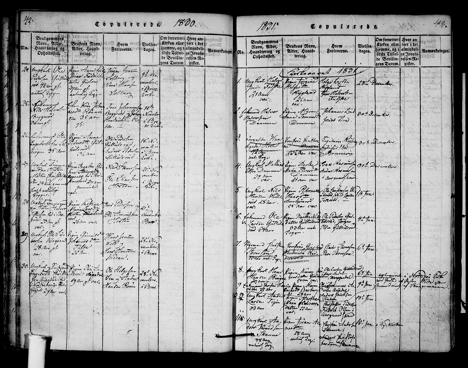 Borre kirkebøker, SAKO/A-338/F/Fa/L0004: Parish register (official) no. I 4, 1815-1845, p. 42-43