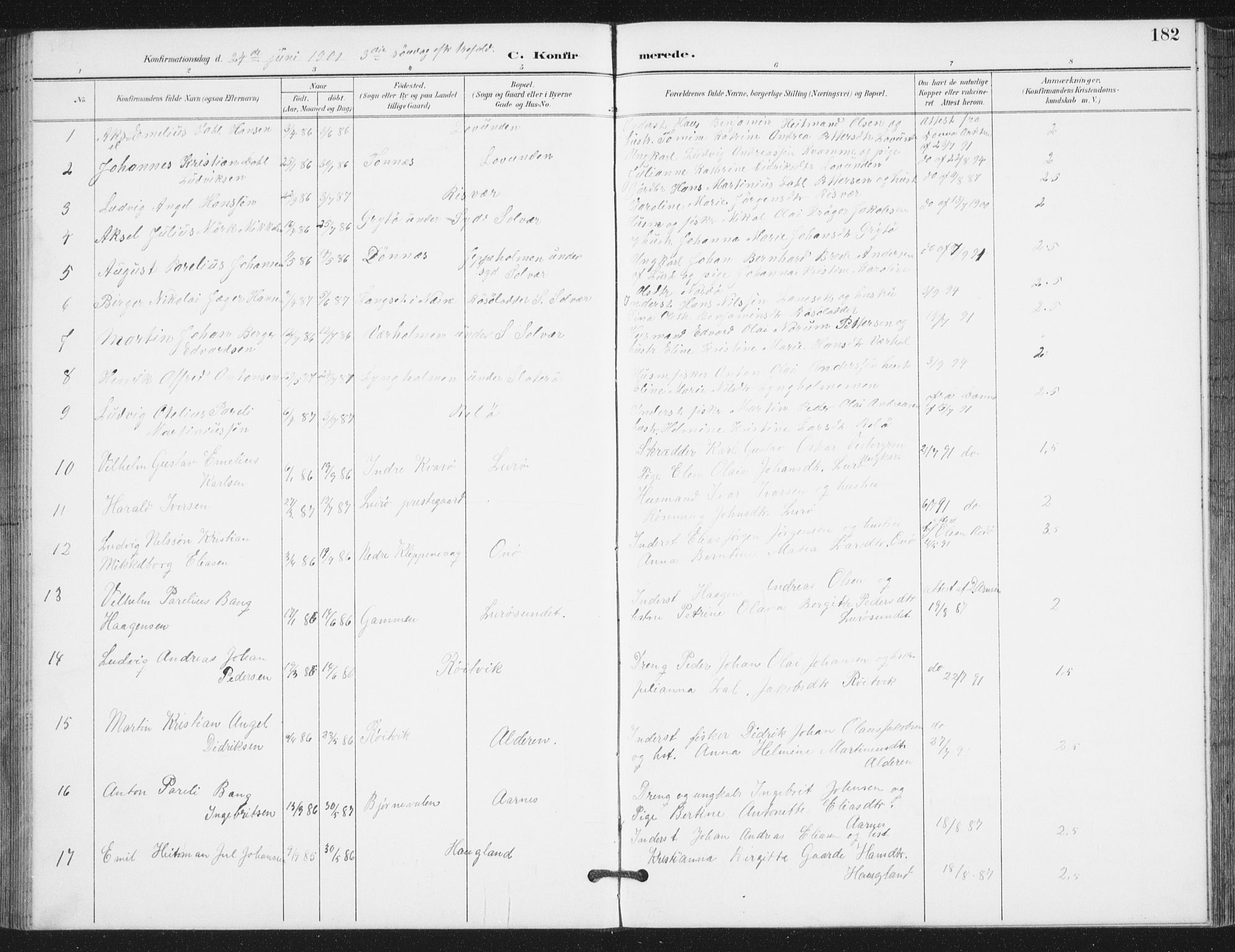 Ministerialprotokoller, klokkerbøker og fødselsregistre - Nordland, SAT/A-1459/839/L0573: Parish register (copy) no. 839C03, 1892-1917, p. 182