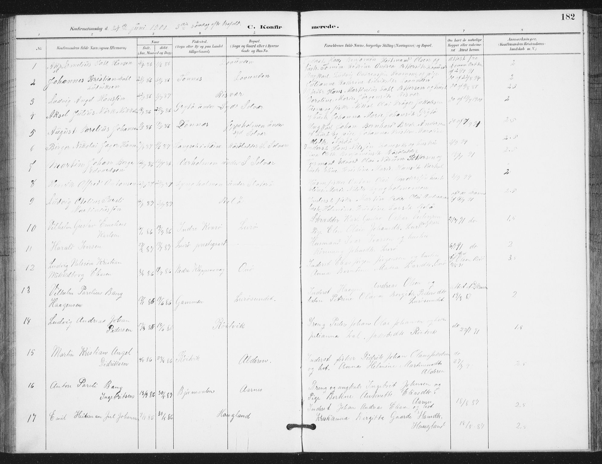 Ministerialprotokoller, klokkerbøker og fødselsregistre - Nordland, AV/SAT-A-1459/839/L0573: Parish register (copy) no. 839C03, 1892-1917, p. 182