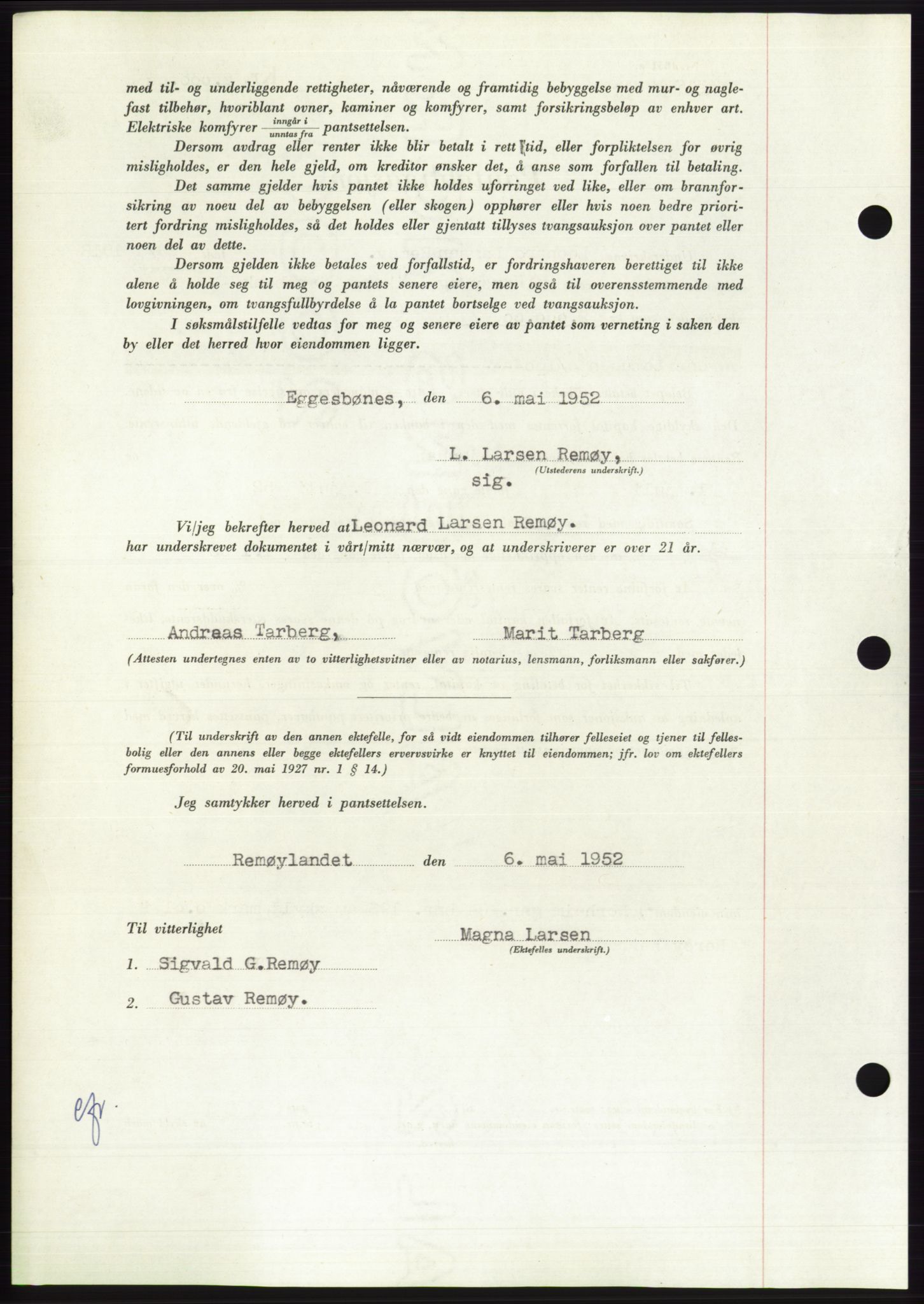 Søre Sunnmøre sorenskriveri, AV/SAT-A-4122/1/2/2C/L0121: Mortgage book no. 9B, 1951-1952, Diary no: : 1005/1952