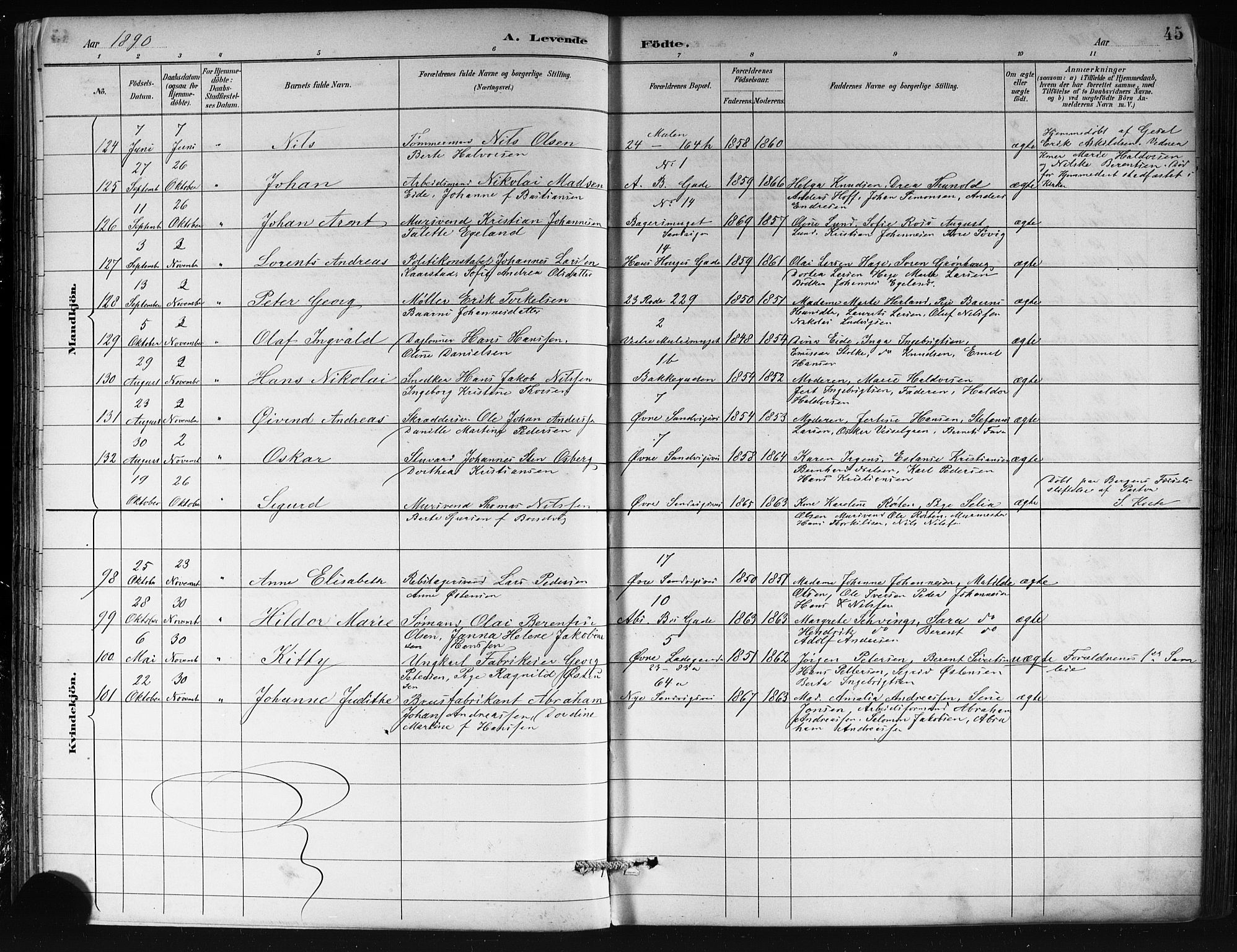 Sandviken Sokneprestembete, AV/SAB-A-77601/H/Hb/L0002: Parish register (copy) no. A 3, 1888-1902, p. 45