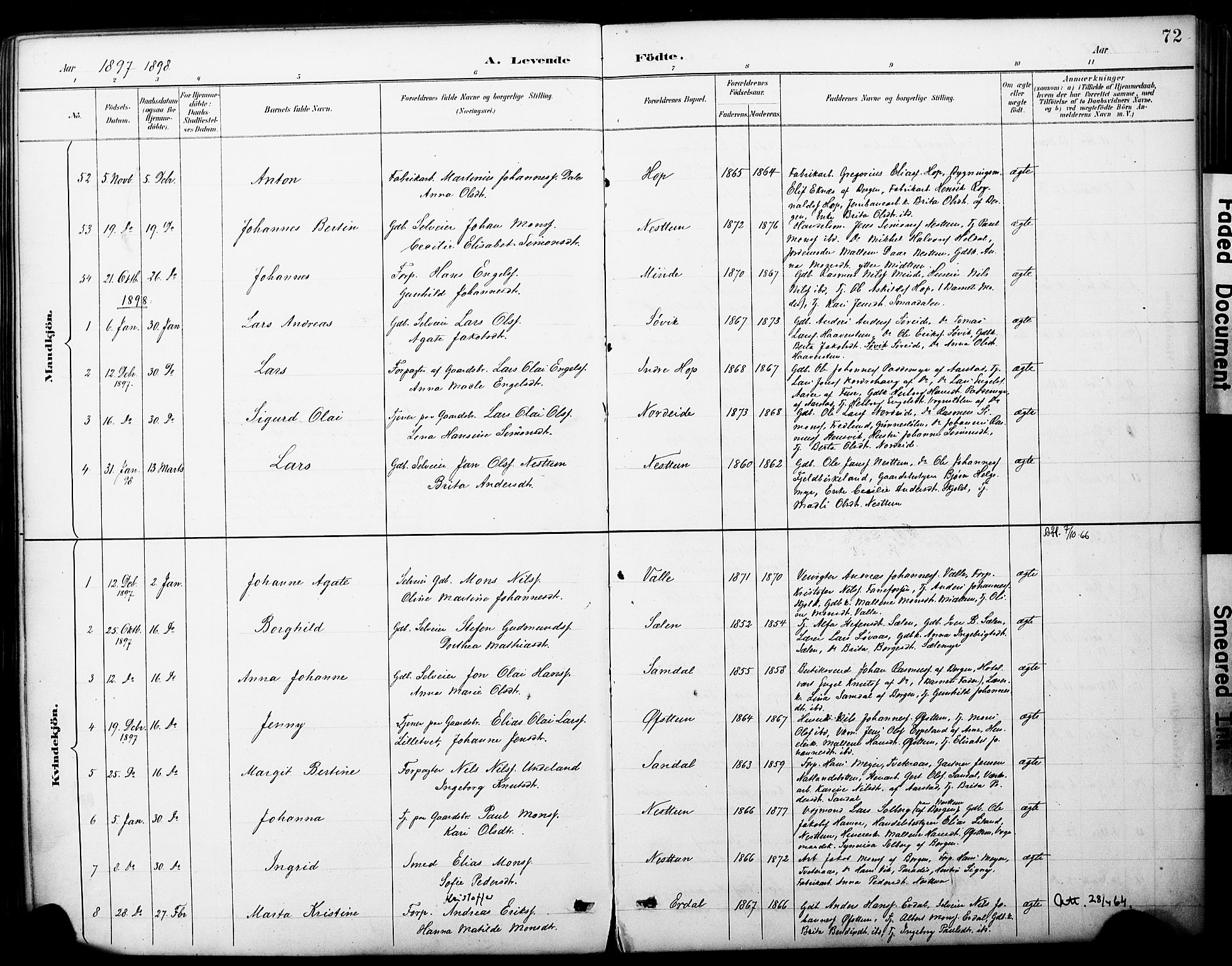 Fana Sokneprestembete, SAB/A-75101/H/Haa/Haai/L0002: Parish register (official) no. I 2, 1888-1899, p. 72