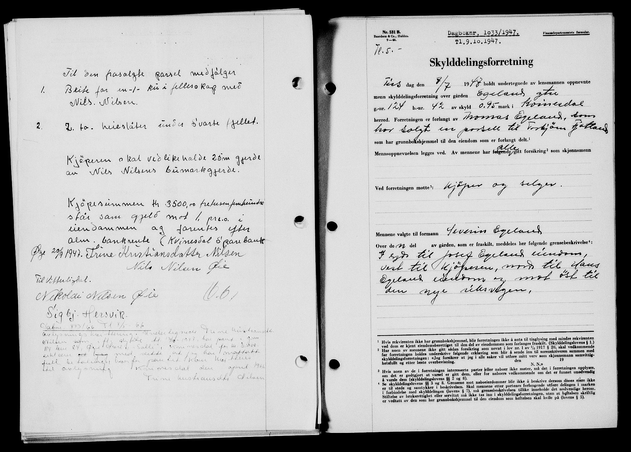 Flekkefjord sorenskriveri, SAK/1221-0001/G/Gb/Gba/L0062: Mortgage book no. A-10, 1947-1947, Diary no: : 1033/1947