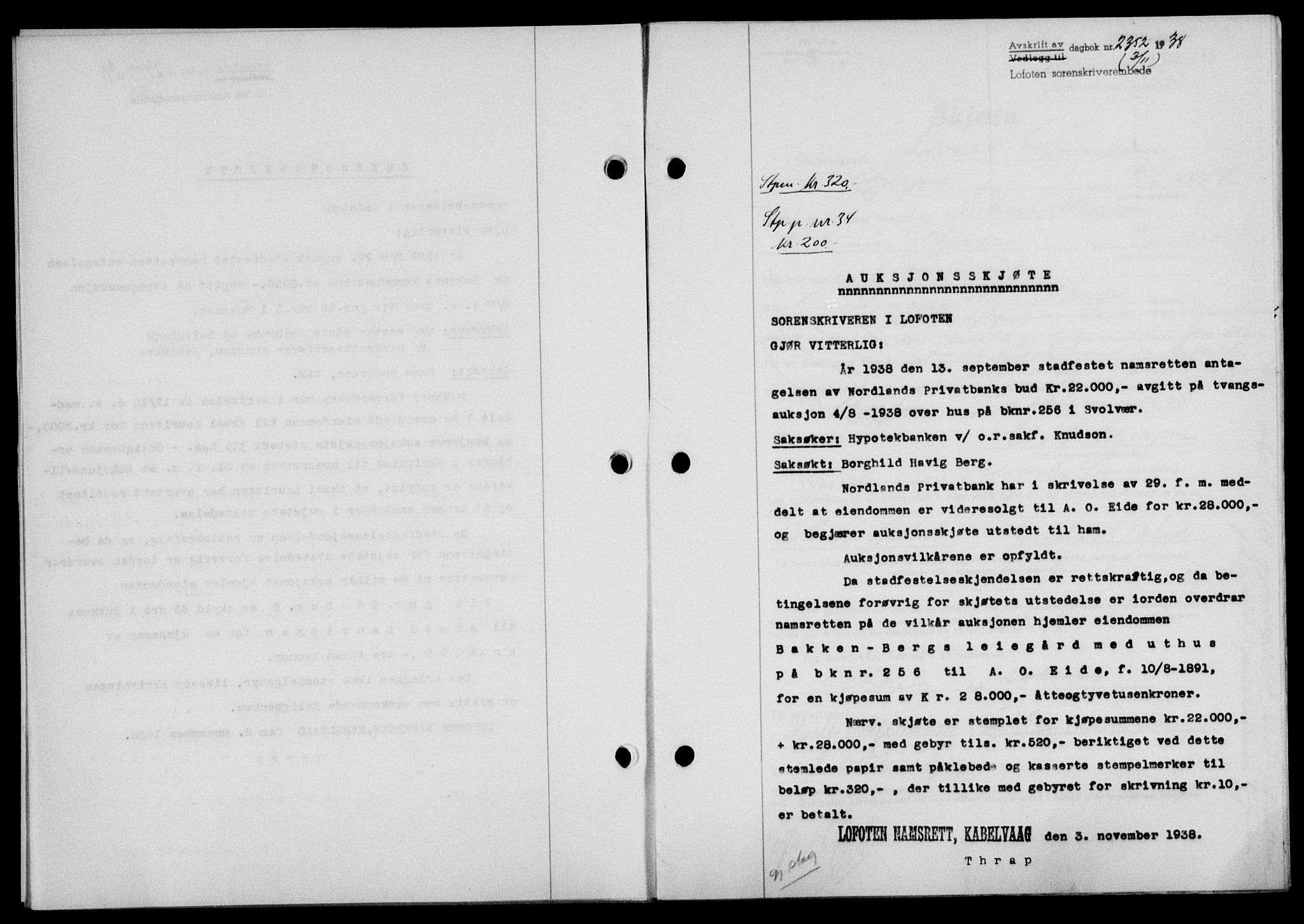Lofoten sorenskriveri, SAT/A-0017/1/2/2C/L0004a: Mortgage book no. 4a, 1938-1938, Diary no: : 2352/1938