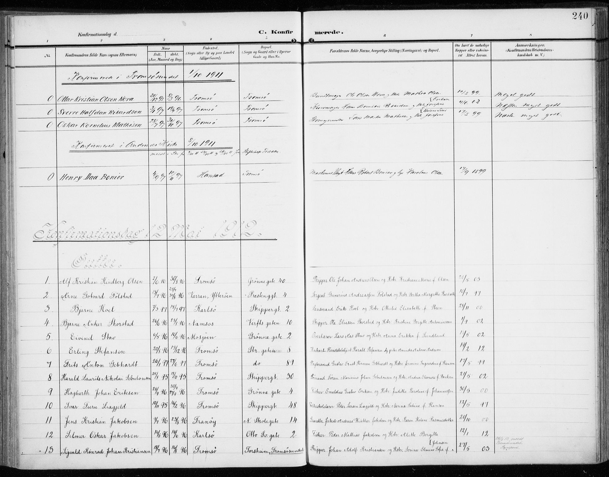 Tromsø sokneprestkontor/stiftsprosti/domprosti, SATØ/S-1343/G/Ga/L0017kirke: Parish register (official) no. 17, 1907-1917, p. 240