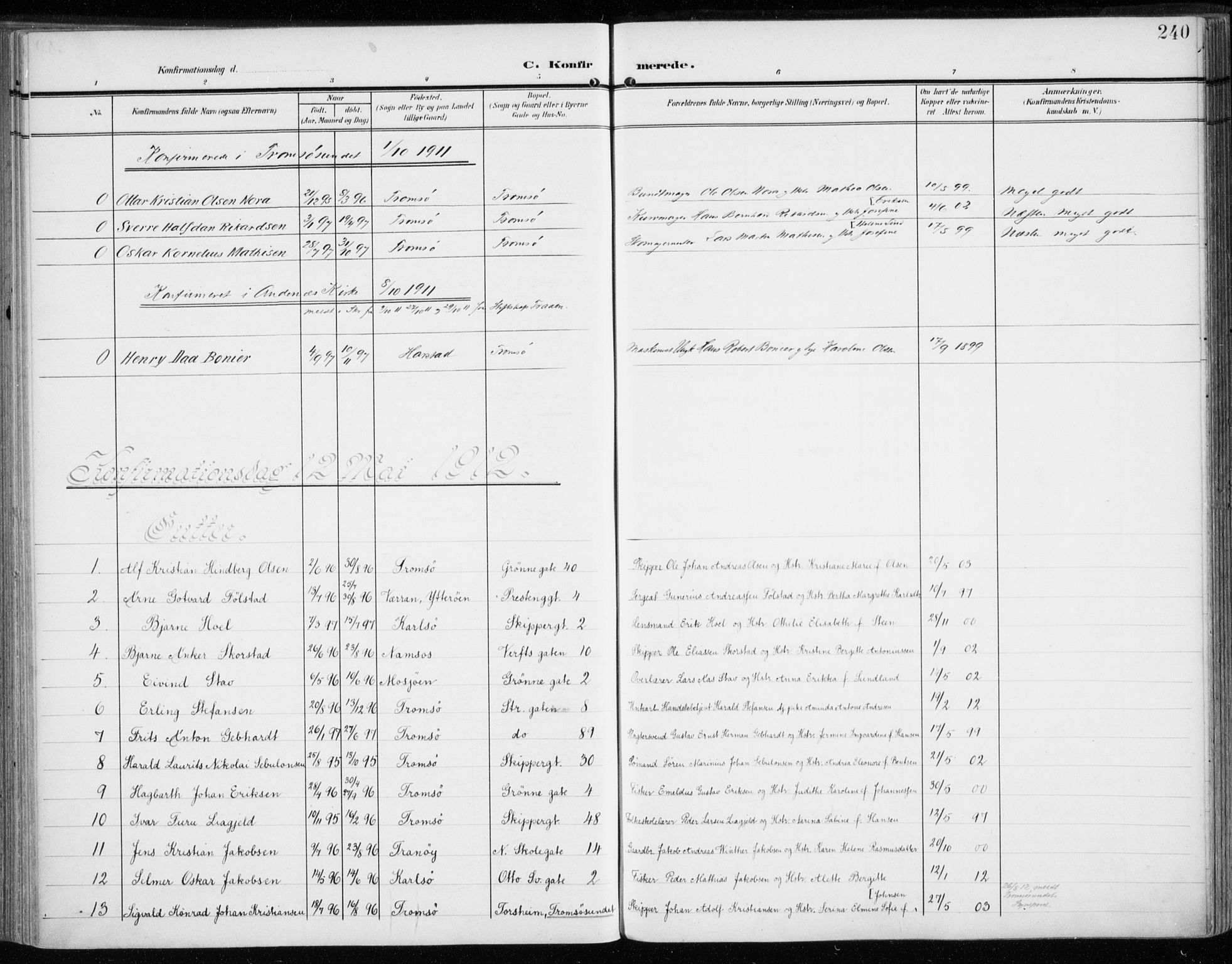 Tromsø sokneprestkontor/stiftsprosti/domprosti, AV/SATØ-S-1343/G/Ga/L0017kirke: Parish register (official) no. 17, 1907-1917, p. 240