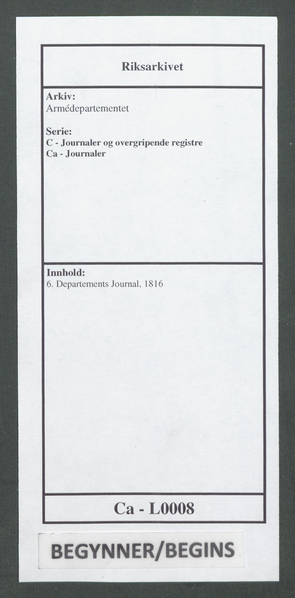 Armédepartementet, RA/RAFA-3493/C/Ca/L0008: 6. Departements Journal, 1816