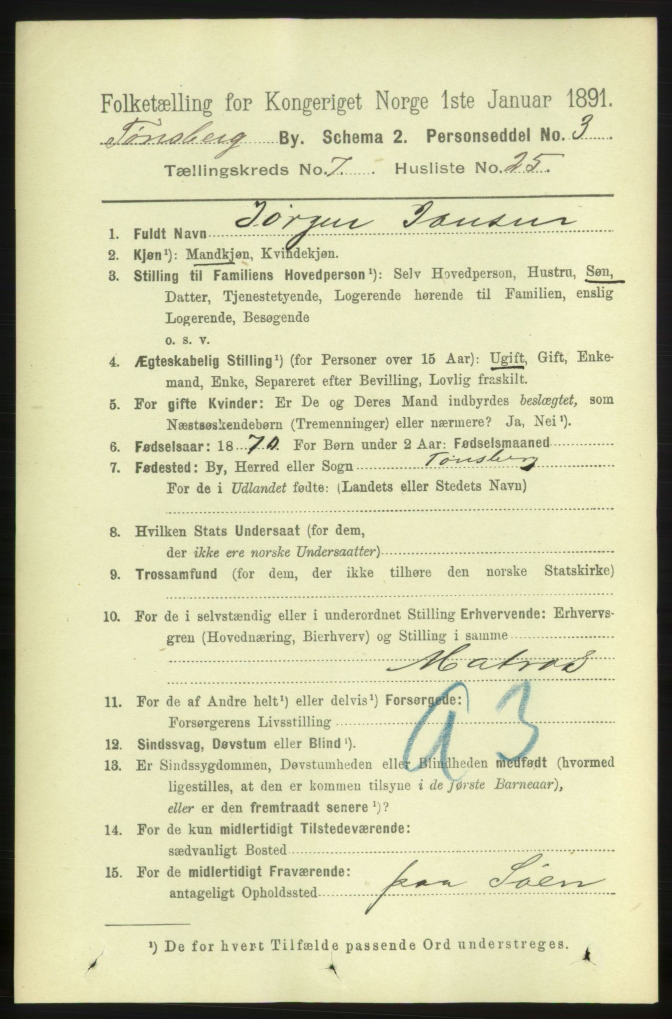 RA, 1891 census for 0705 Tønsberg, 1891, p. 3038