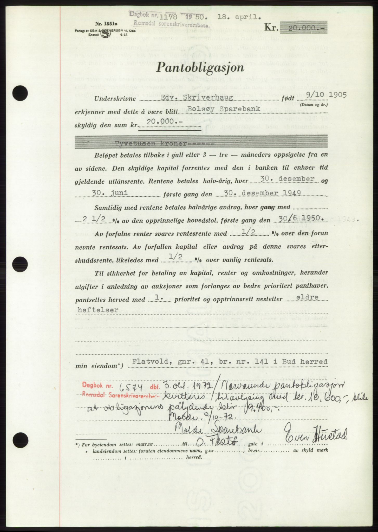 Romsdal sorenskriveri, AV/SAT-A-4149/1/2/2C: Mortgage book no. B5, 1949-1950, Diary no: : 1178/1950