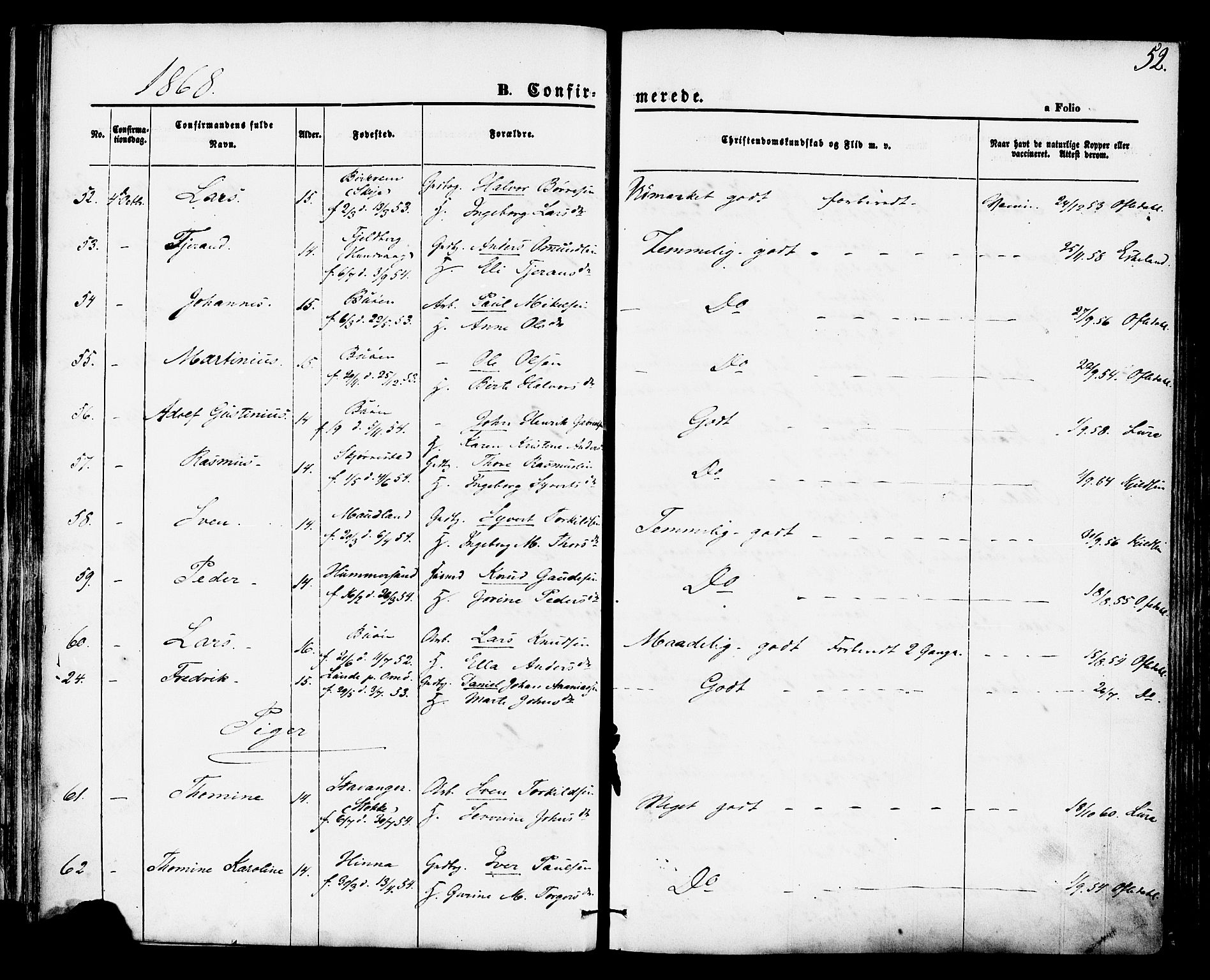 Hetland sokneprestkontor, SAST/A-101826/30/30BA/L0004: Parish register (official) no. A 4, 1862-1881, p. 52