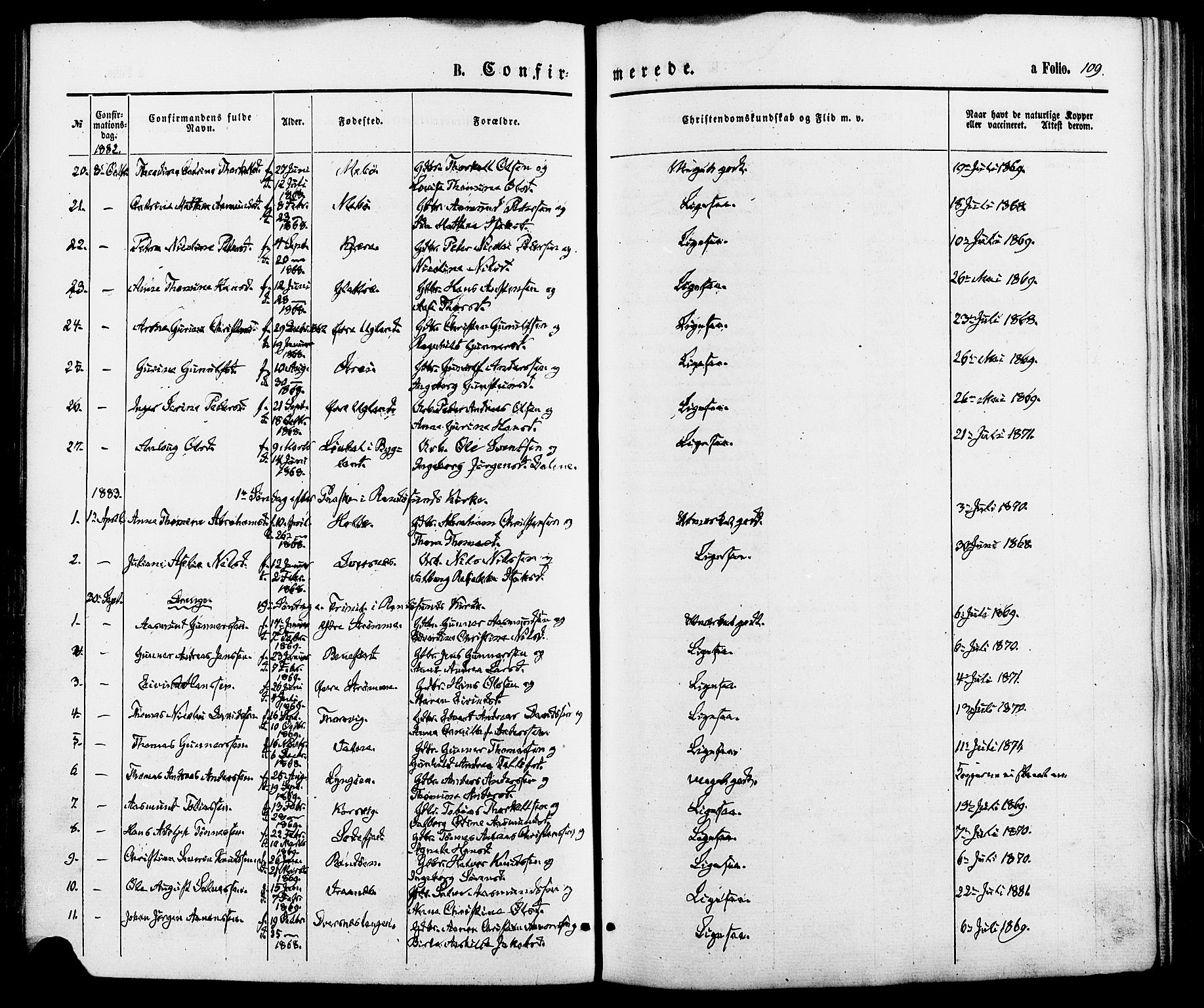 Oddernes sokneprestkontor, SAK/1111-0033/F/Fa/Fab/L0001: Parish register (official) no. A 1, 1865-1884, p. 109