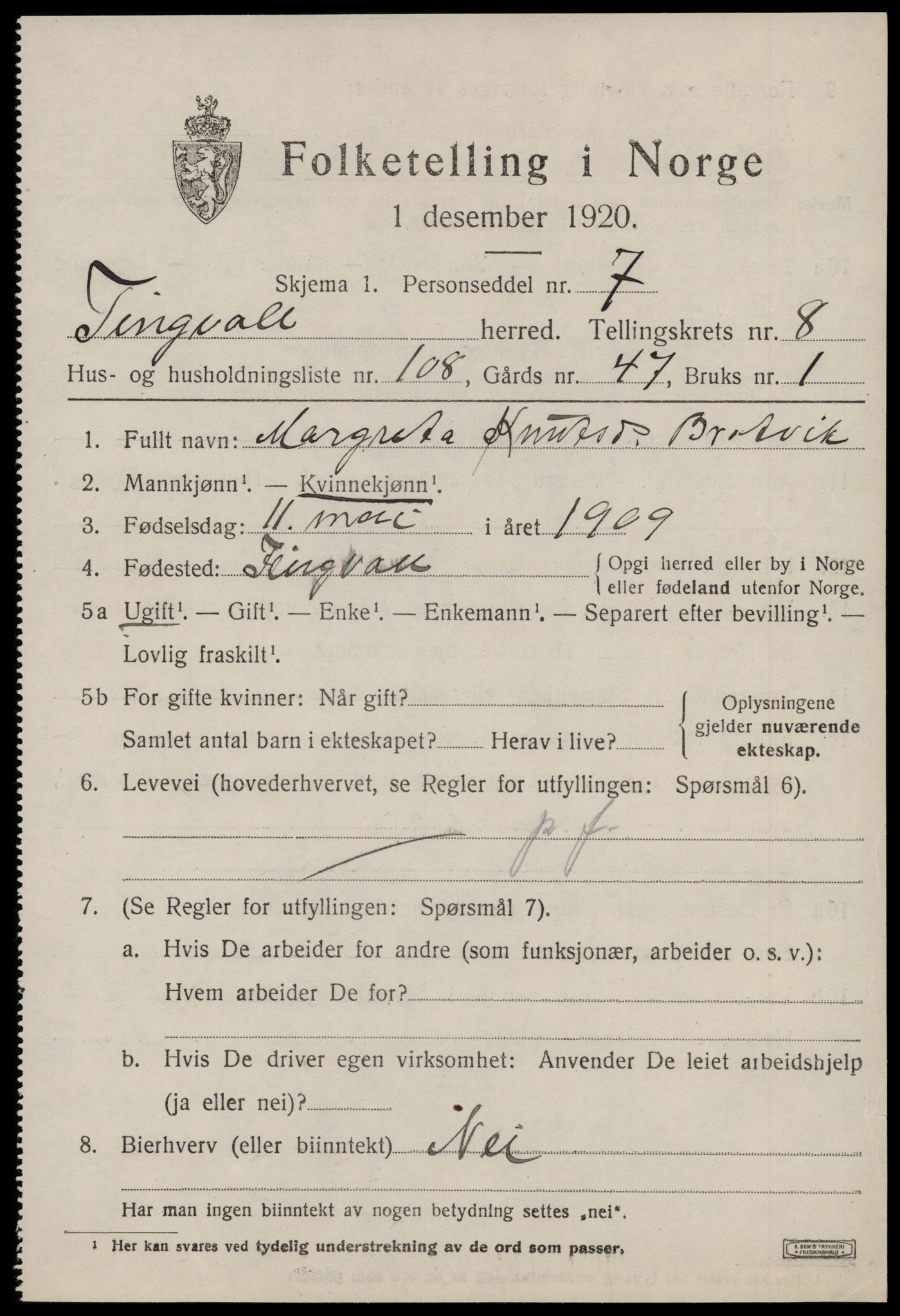 SAT, 1920 census for Tingvoll, 1920, p. 5090