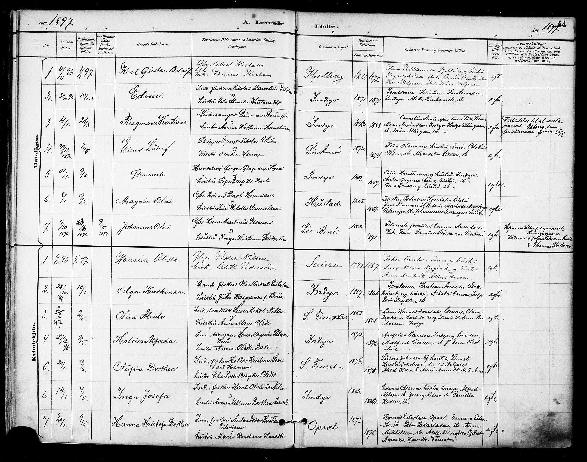 Ministerialprotokoller, klokkerbøker og fødselsregistre - Nordland, AV/SAT-A-1459/805/L0101: Parish register (official) no. 805A07, 1892-1899, p. 44