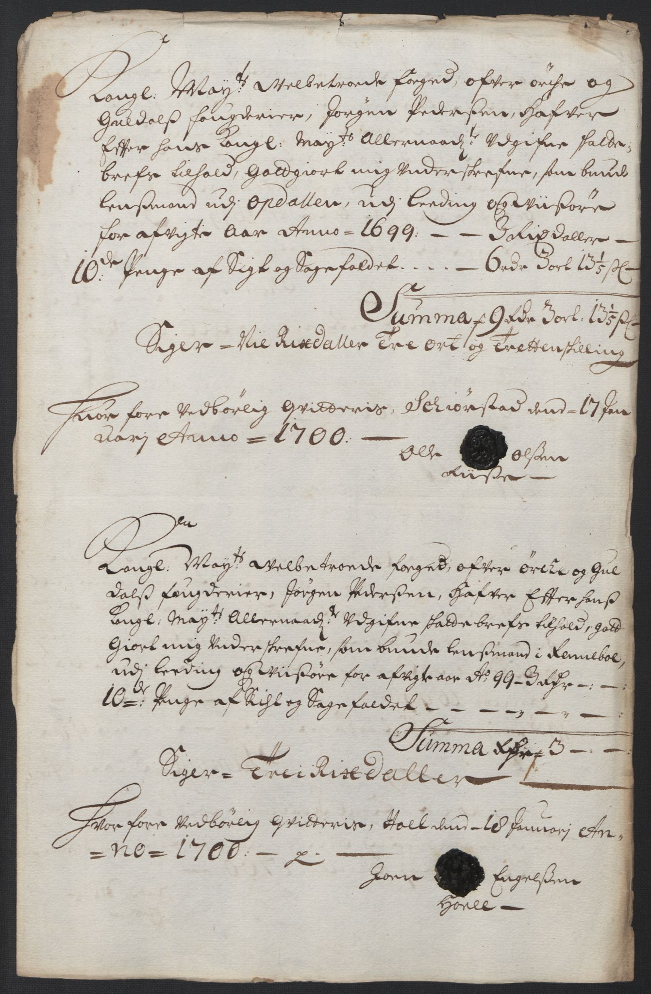 Rentekammeret inntil 1814, Reviderte regnskaper, Fogderegnskap, RA/EA-4092/R60/L3949: Fogderegnskap Orkdal og Gauldal, 1699, p. 179