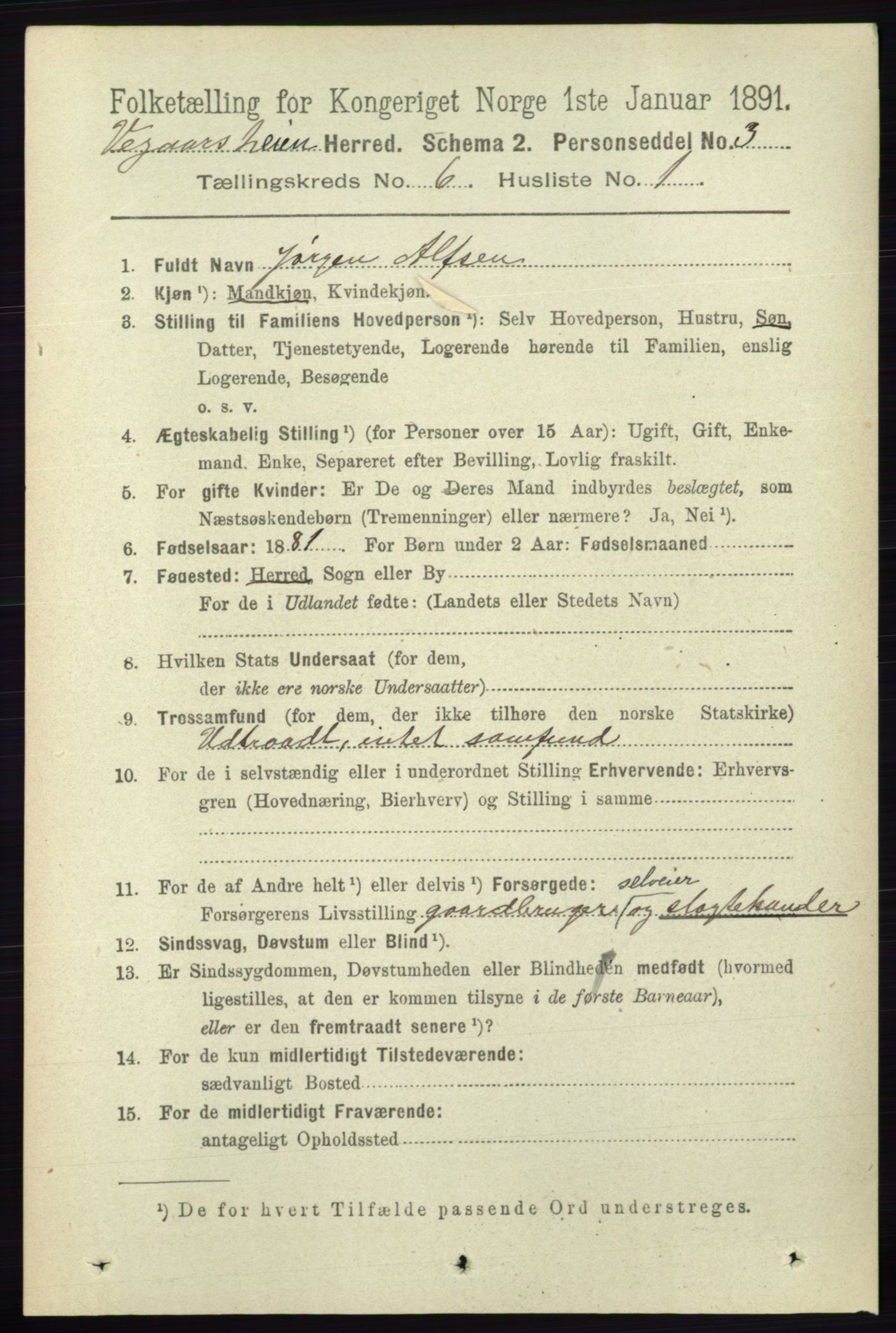 RA, 1891 census for 0912 Vegårshei, 1891, p. 1168