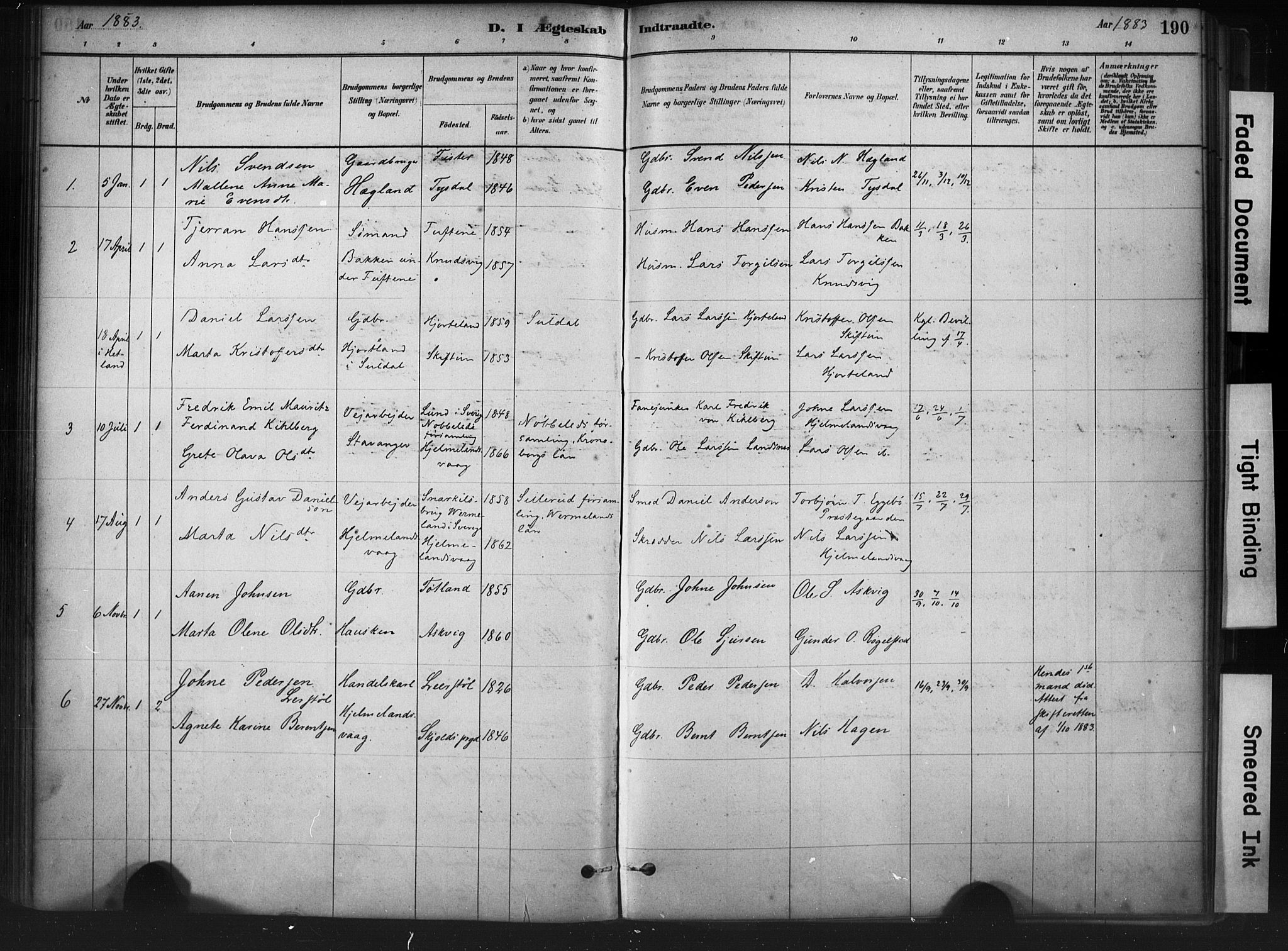 Hjelmeland sokneprestkontor, AV/SAST-A-101843/01/IV/L0014: Parish register (official) no. A 14, 1879-1900, p. 190