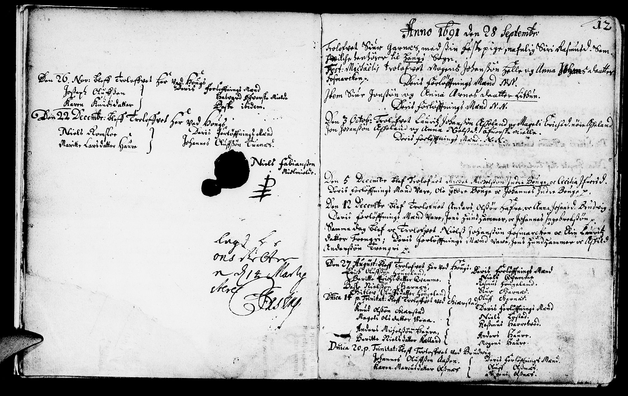 Haus sokneprestembete, AV/SAB-A-75601/H/Haa: Parish register (official) no. A 1, 1691-1712, p. 12