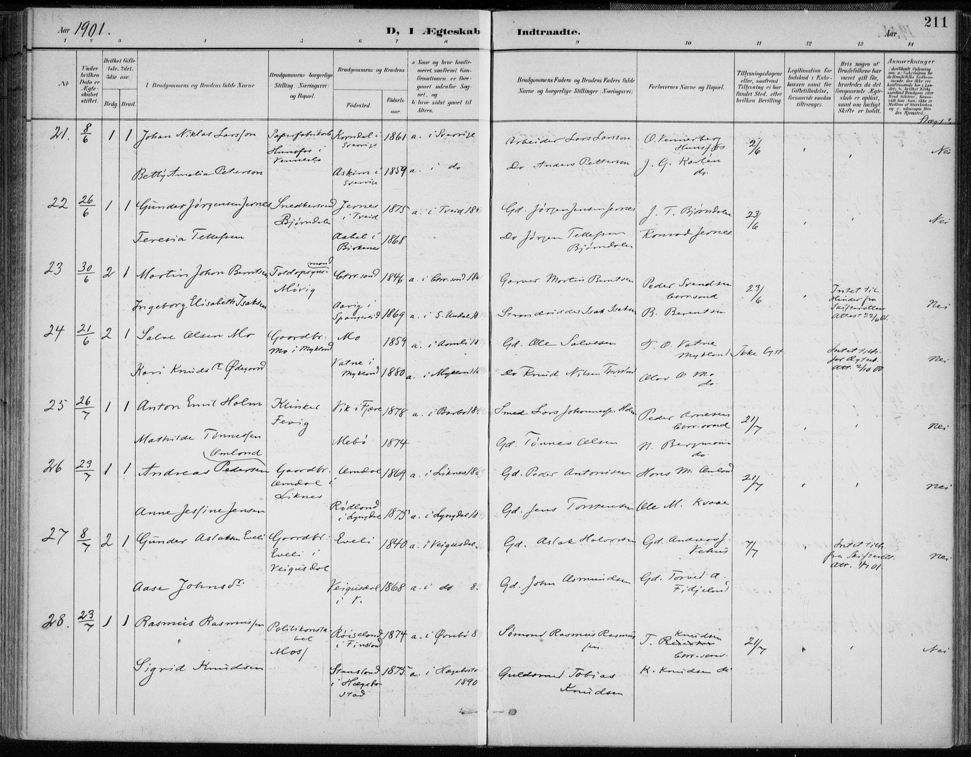 Oddernes sokneprestkontor, AV/SAK-1111-0033/F/Fa/Faa/L0010: Parish register (official) no. A 10, 1897-1911, p. 211