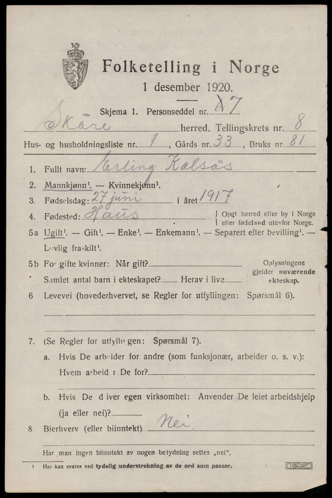 SAST, 1920 census for Skåre, 1920, p. 5728