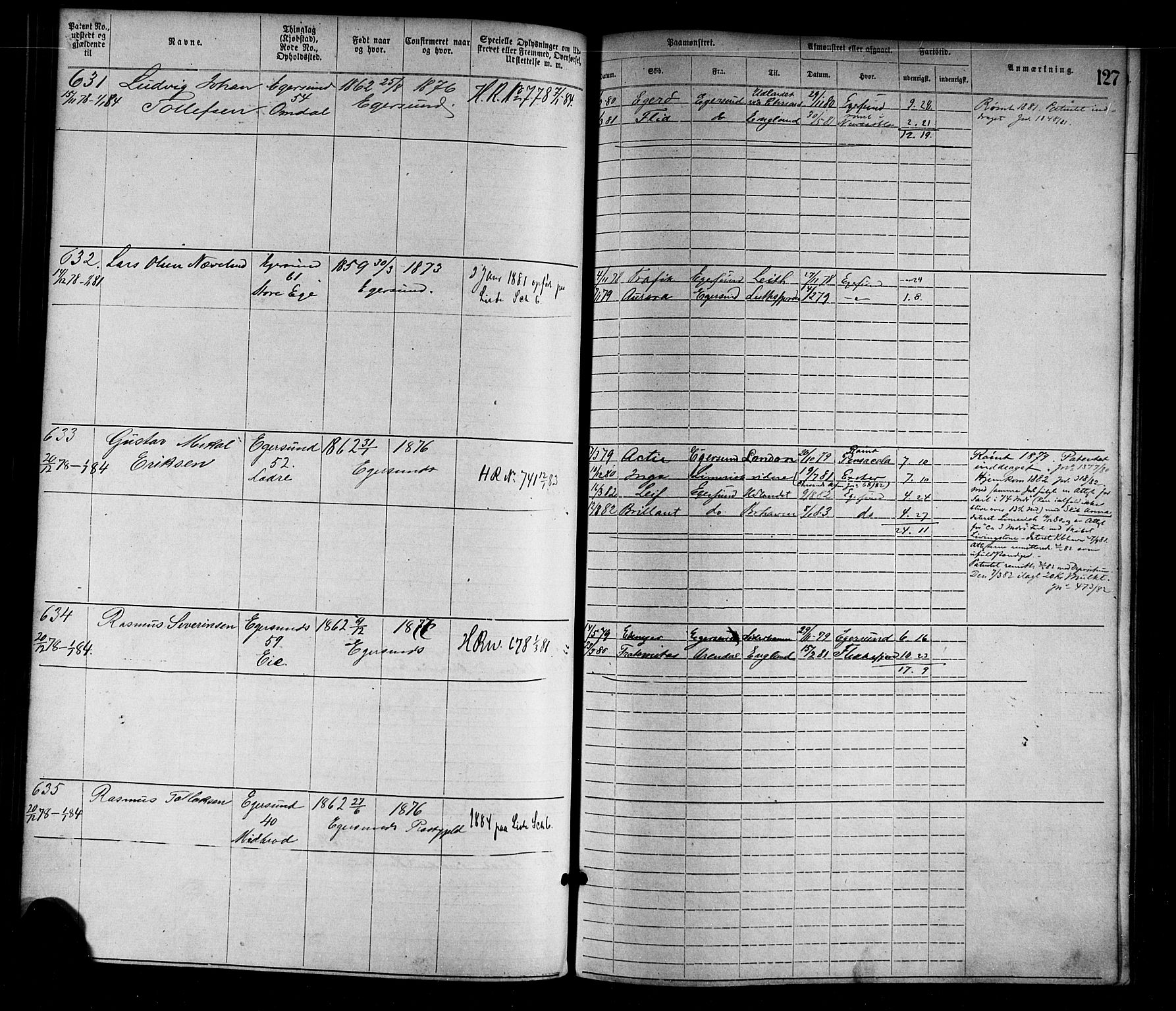 Egersund mønstringskrets, SAK/2031-0019/F/Fa/L0001: Annotasjonsrulle nr 1-1440 med register, O-1, 1869-1895, p. 144