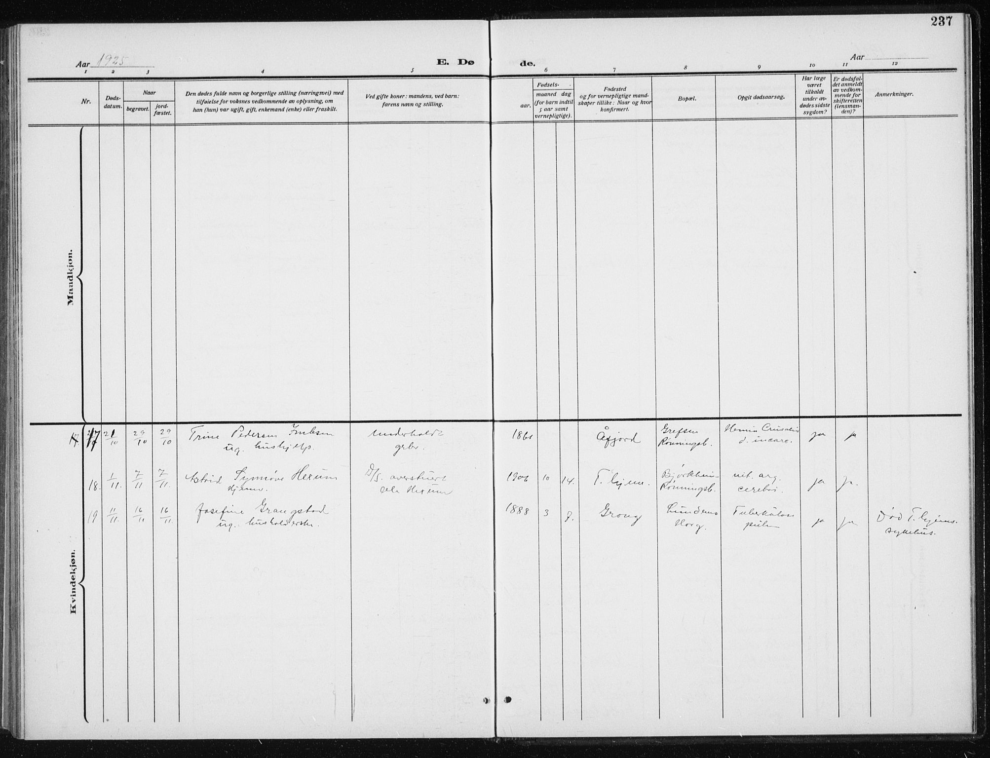 Ministerialprotokoller, klokkerbøker og fødselsregistre - Sør-Trøndelag, SAT/A-1456/606/L0314: Parish register (copy) no. 606C10, 1911-1937, p. 237