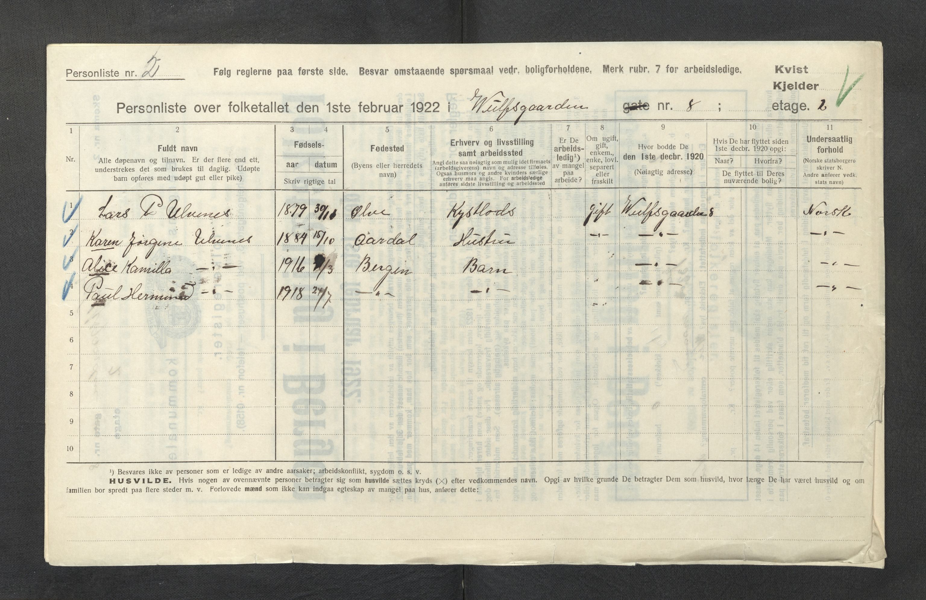 SAB, Municipal Census 1922 for Bergen, 1922, p. 47794