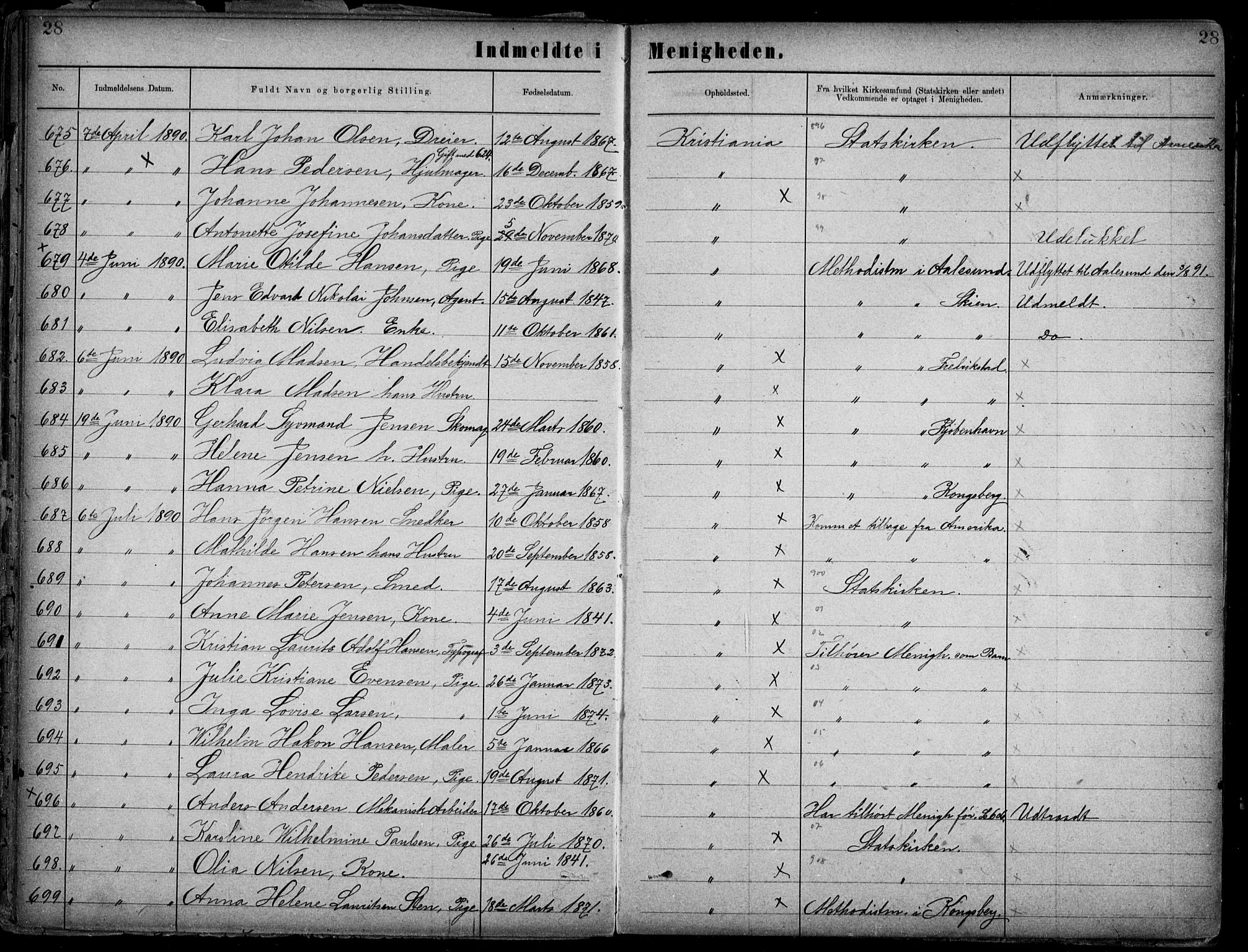 Første Metodistkirke Oslo -  menighetsprotokoller, AV/SAO-PAO-0067/F/L0002: Dissenter register no. 2, 1883-1892, p. 28