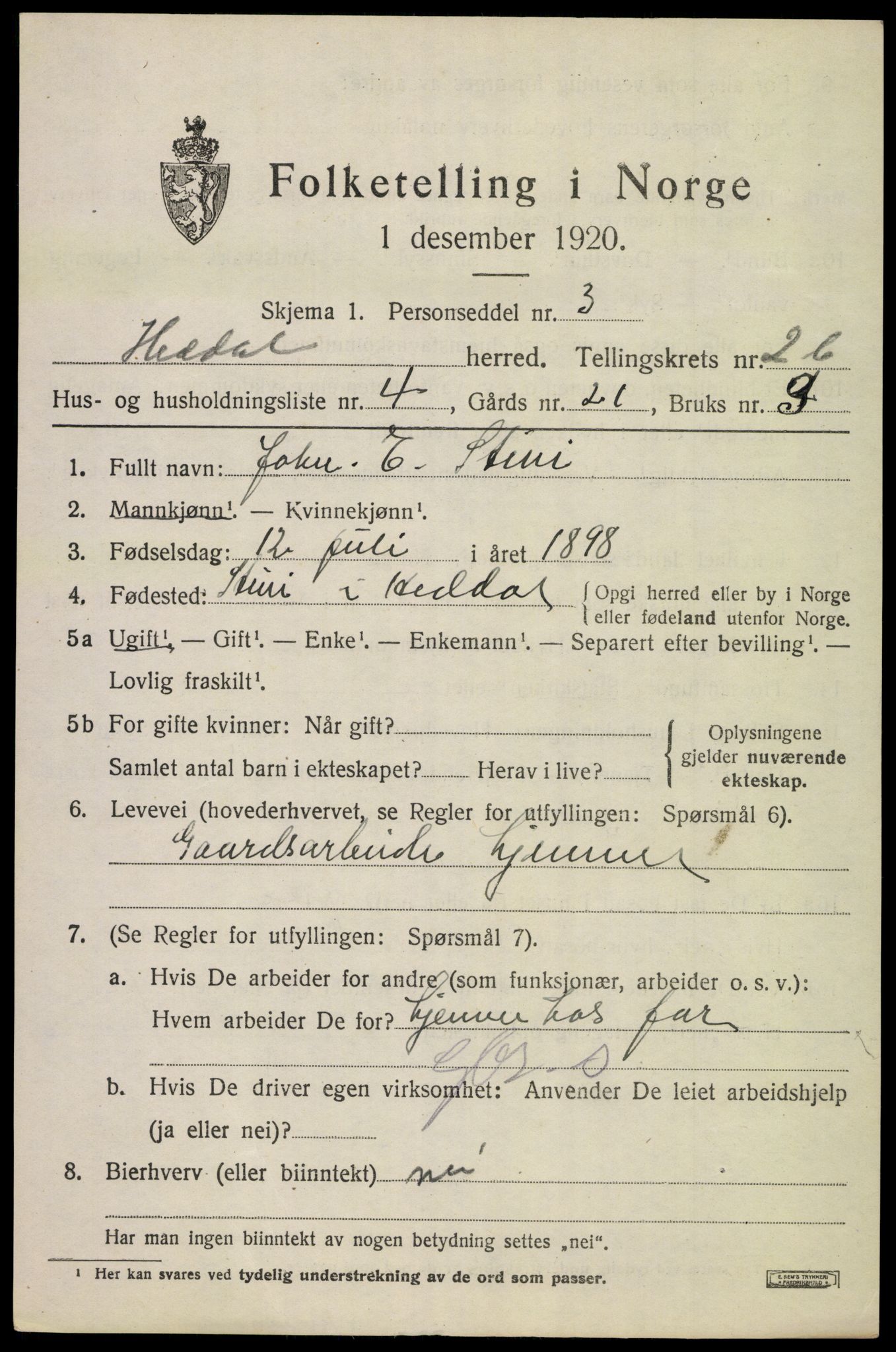 SAKO, 1920 census for Heddal, 1920, p. 3002