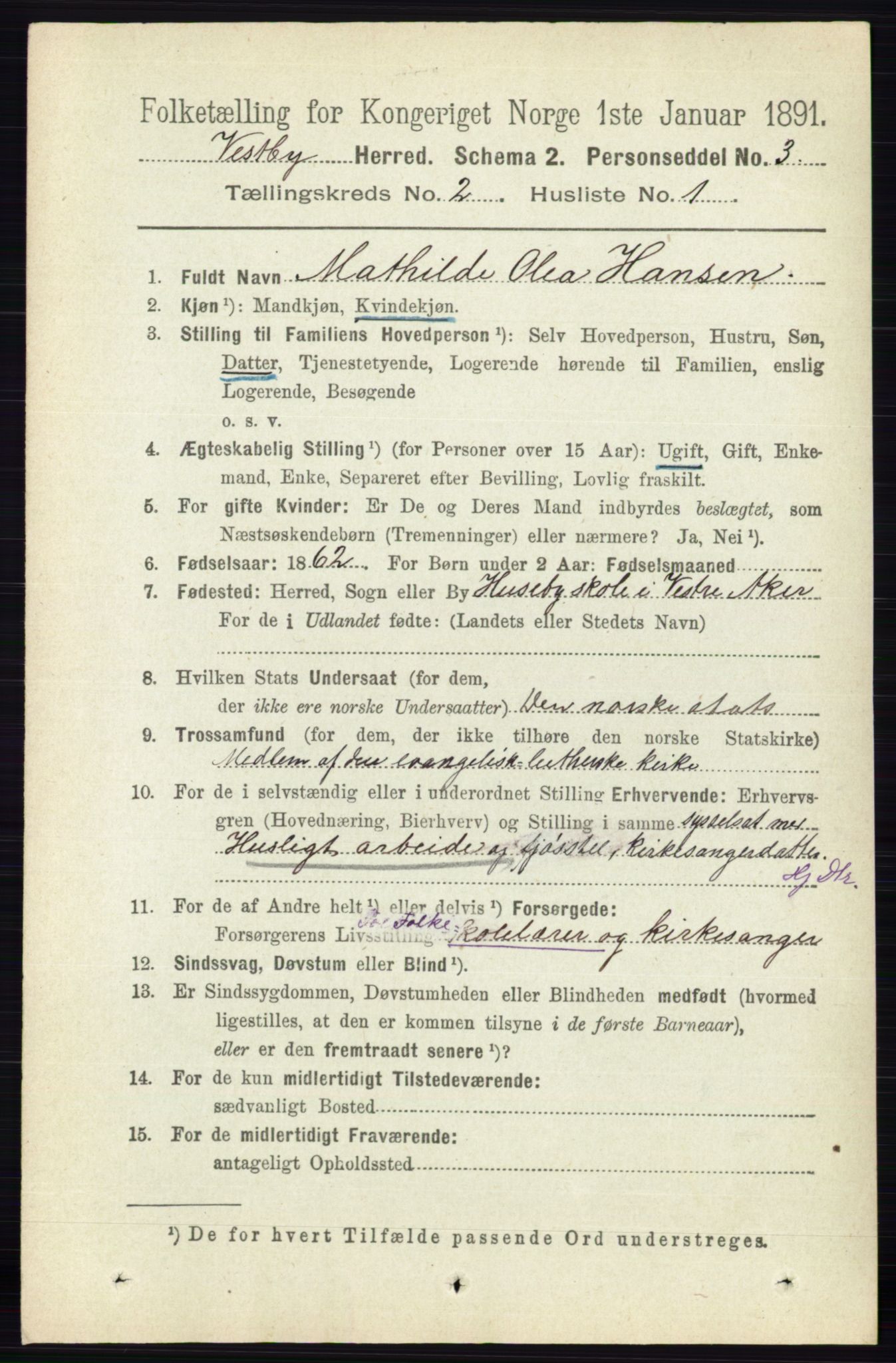 RA, 1891 census for 0211 Vestby, 1891, p. 436