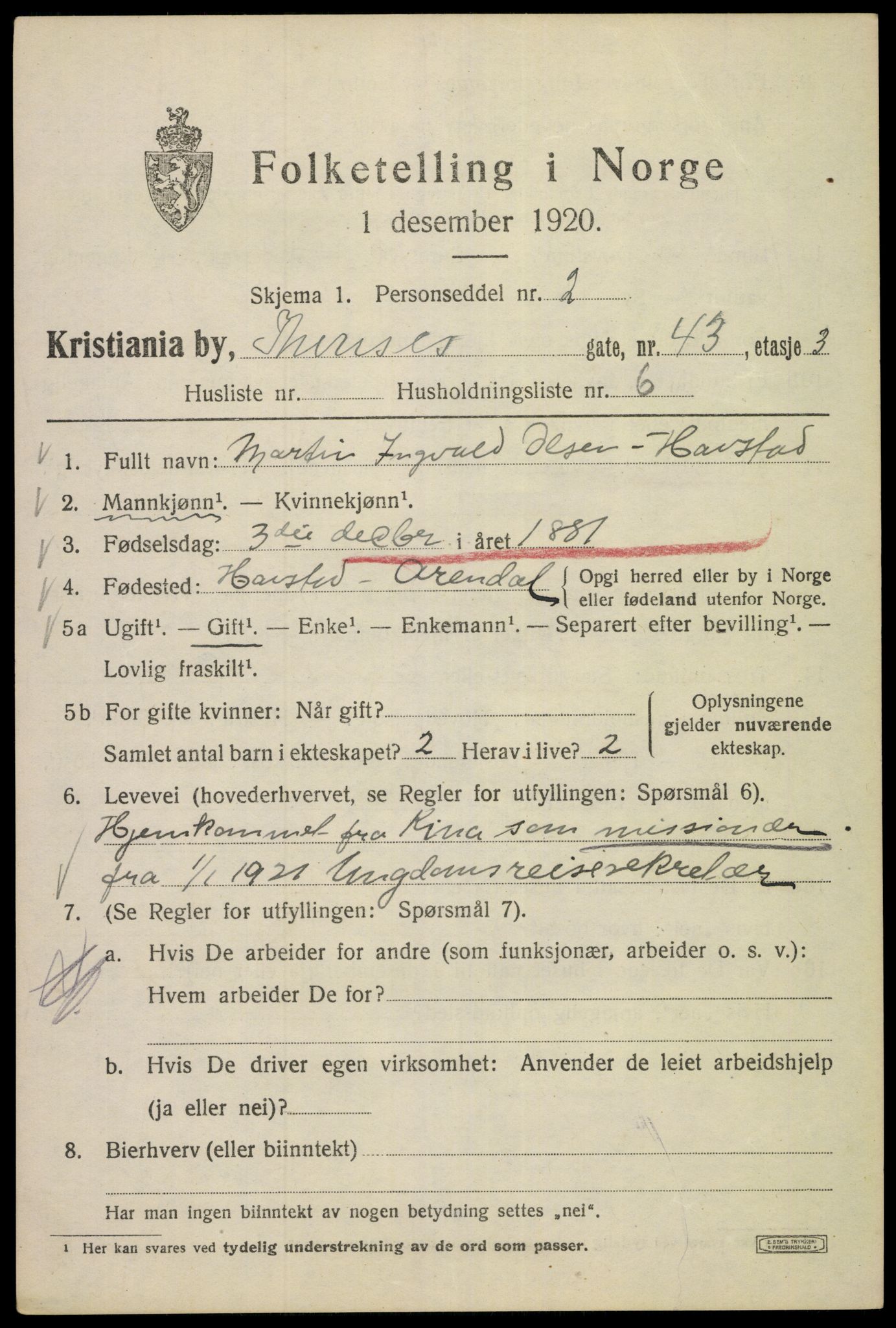 SAO, 1920 census for Kristiania, 1920, p. 570007